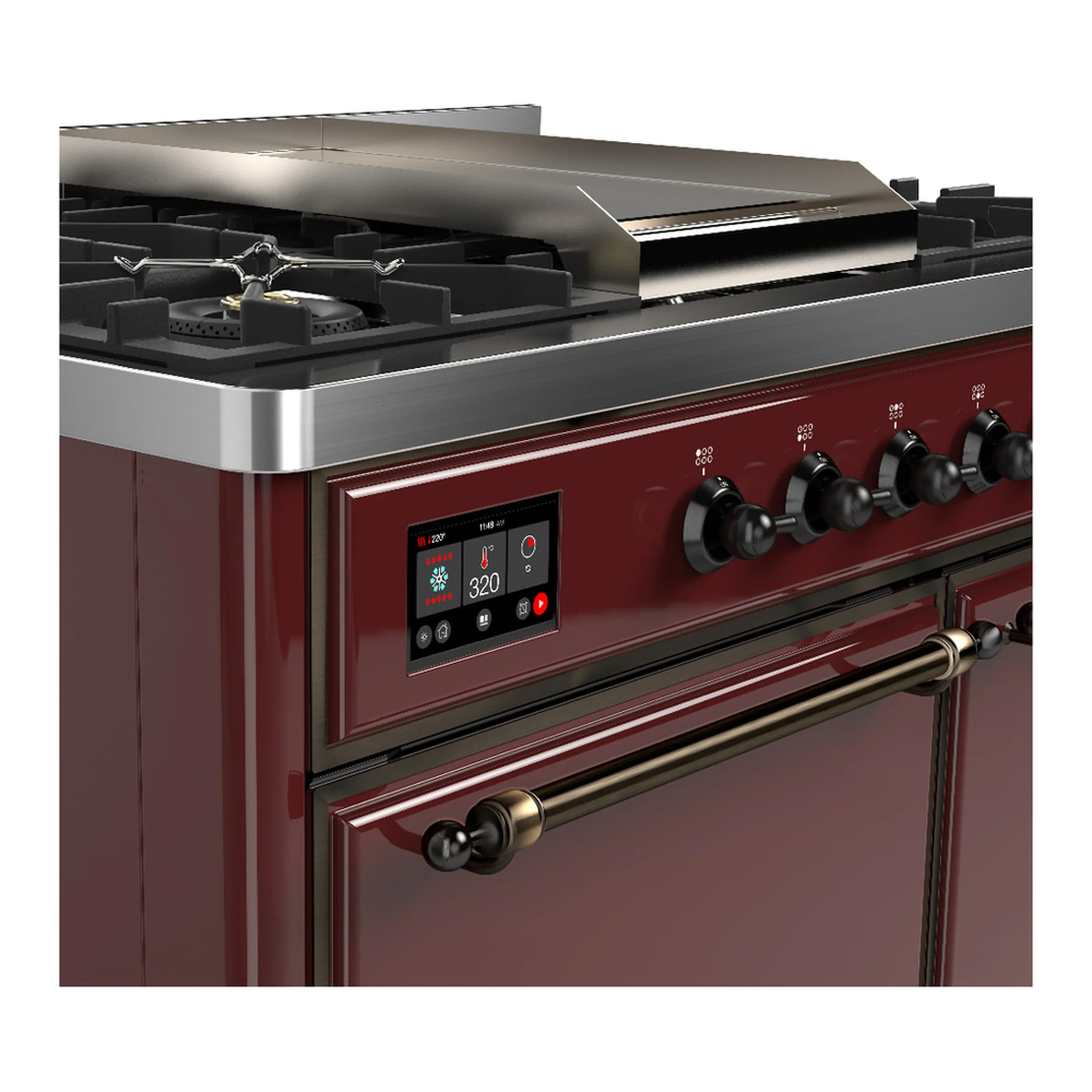 ILVE Majestic III 40-inch Dual Fuel Range with 6 Natural Gas Burner, Griddle and Solid Door Electric Oven in Burgundy with Burnished Trim (UMD40FQNR3BUB) - Image 7