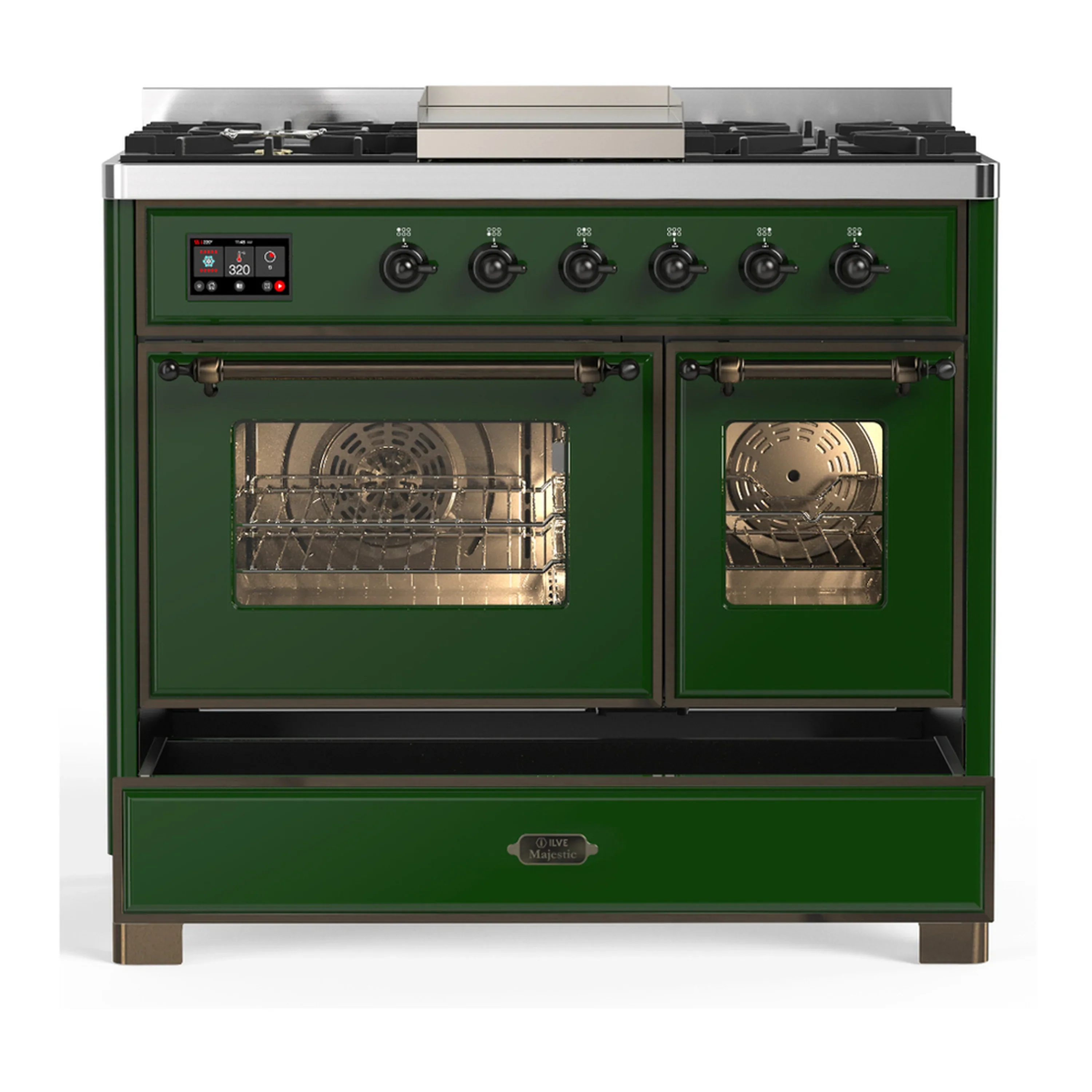 ILVE Majestic III 40-inch Dual Fuel Range with 6 Natural Gas Burner, Griddle and Triple Glass Door Electric Oven in Emerald Green with Burnished Trim (UMD40FNR3EGB) - Image 3