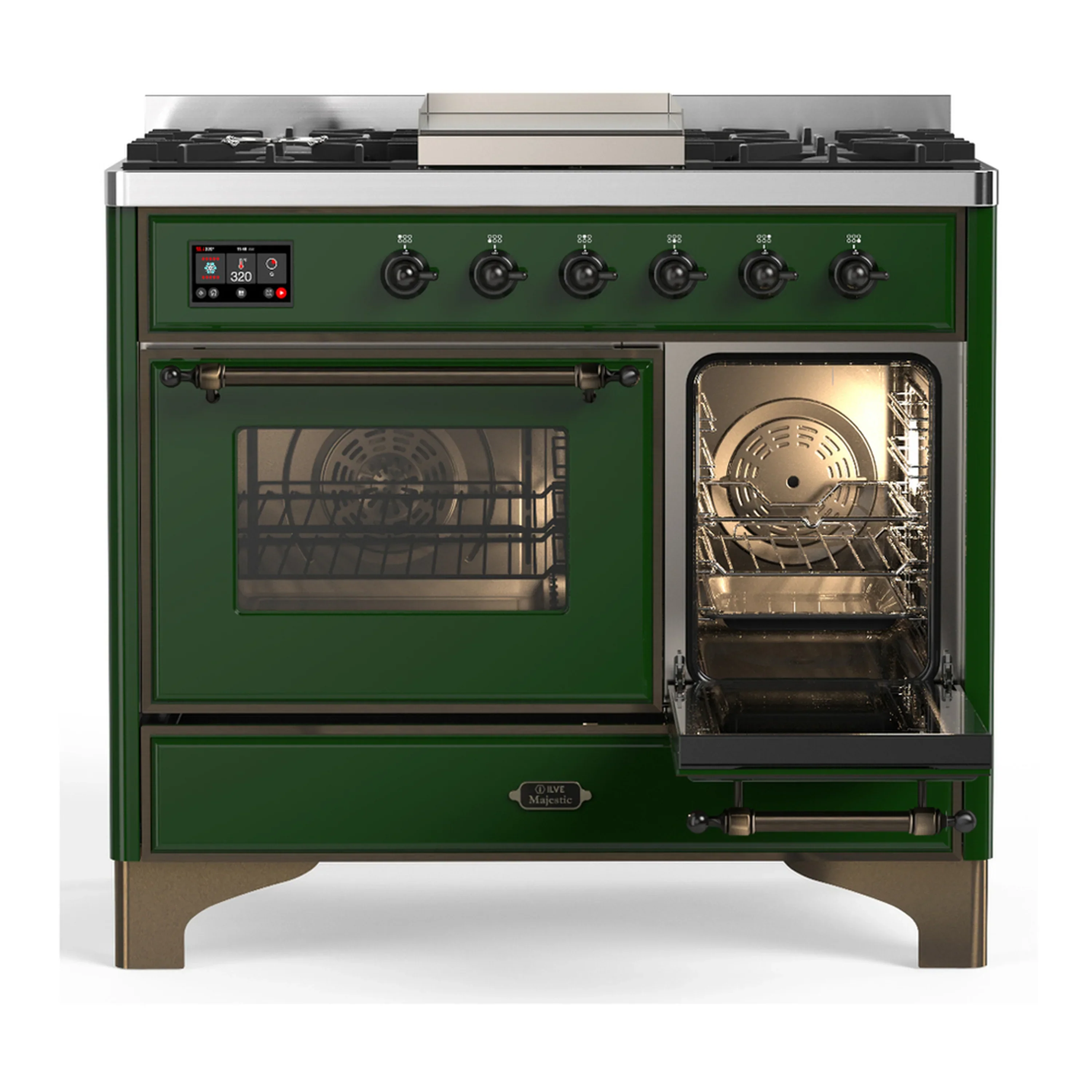 ILVE Majestic III 40-inch Dual Fuel Range with 6 Natural Gas Burner, Griddle and Triple Glass Door Electric Oven in Emerald Green with Burnished Trim (UMD40FNR3EGB) - Image 4