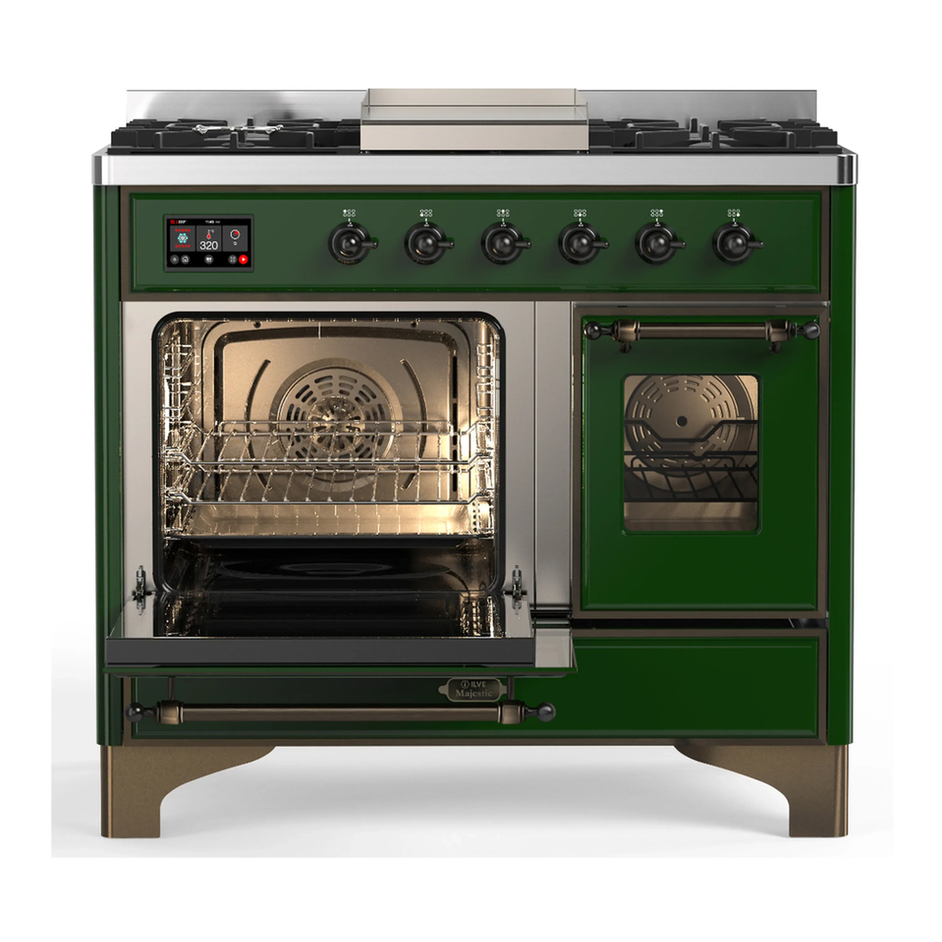 ILVE Majestic III 40-inch Dual Fuel Range with 6 Natural Gas Burner, Griddle and Triple Glass Door Electric Oven in Emerald Green with Burnished Trim (UMD40FNR3EGB) - Image 5