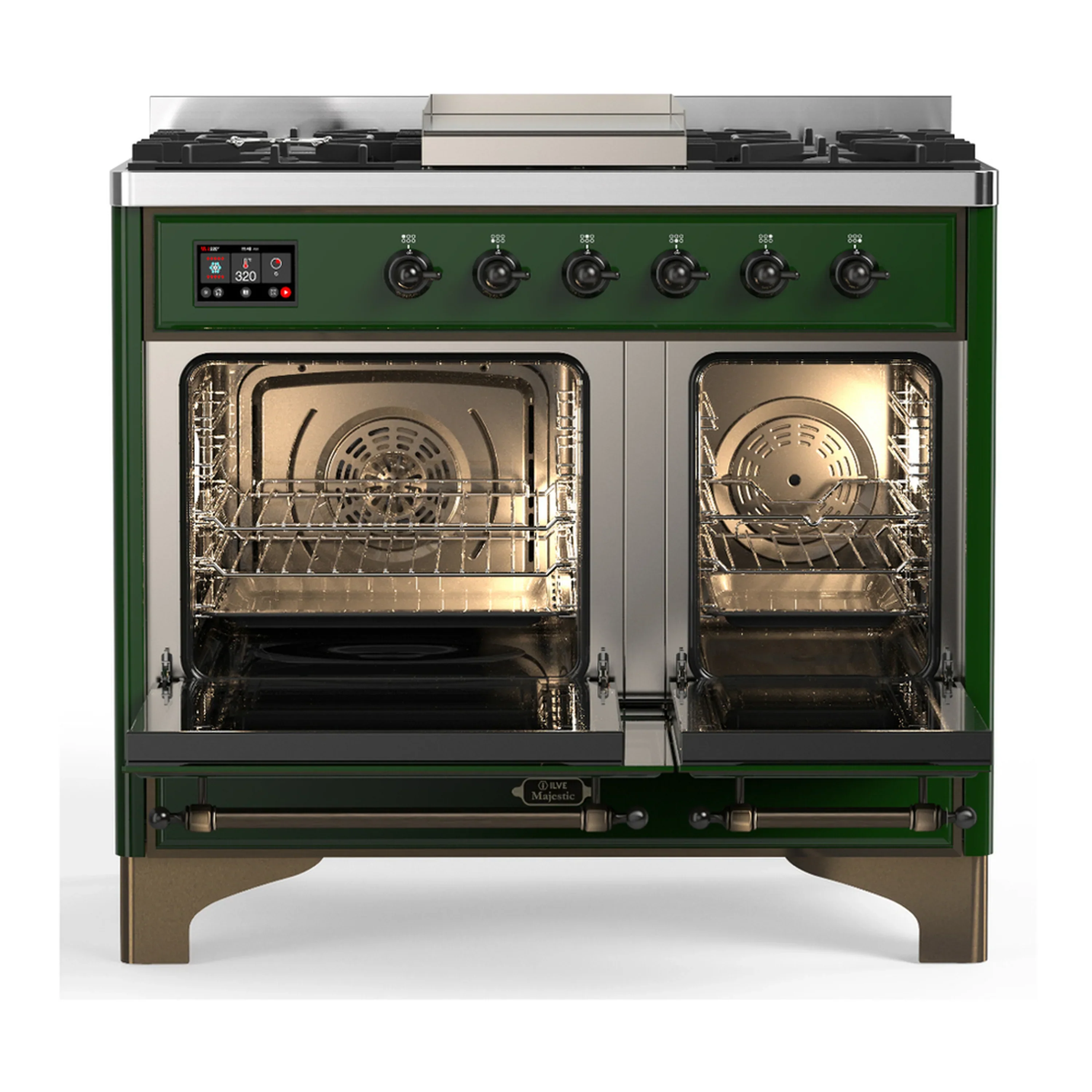 ILVE Majestic III 40-inch Dual Fuel Range with 6 Natural Gas Burner, Griddle and Triple Glass Door Electric Oven in Emerald Green with Burnished Trim (UMD40FNR3EGB) - Image 6