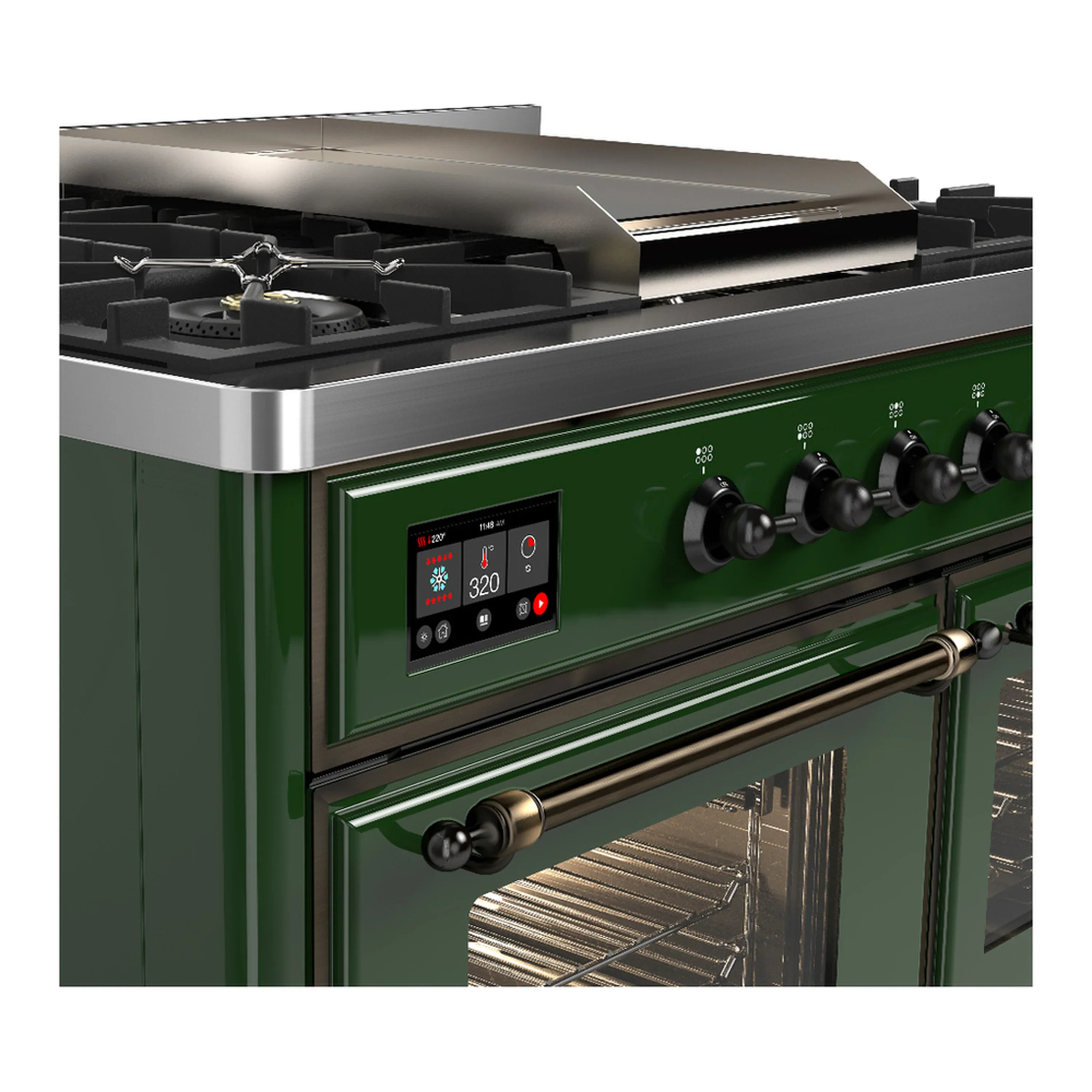ILVE Majestic III 40-inch Dual Fuel Range with 6 Natural Gas Burner, Griddle and Triple Glass Door Electric Oven in Emerald Green with Burnished Trim (UMD40FNR3EGB) - Image 7