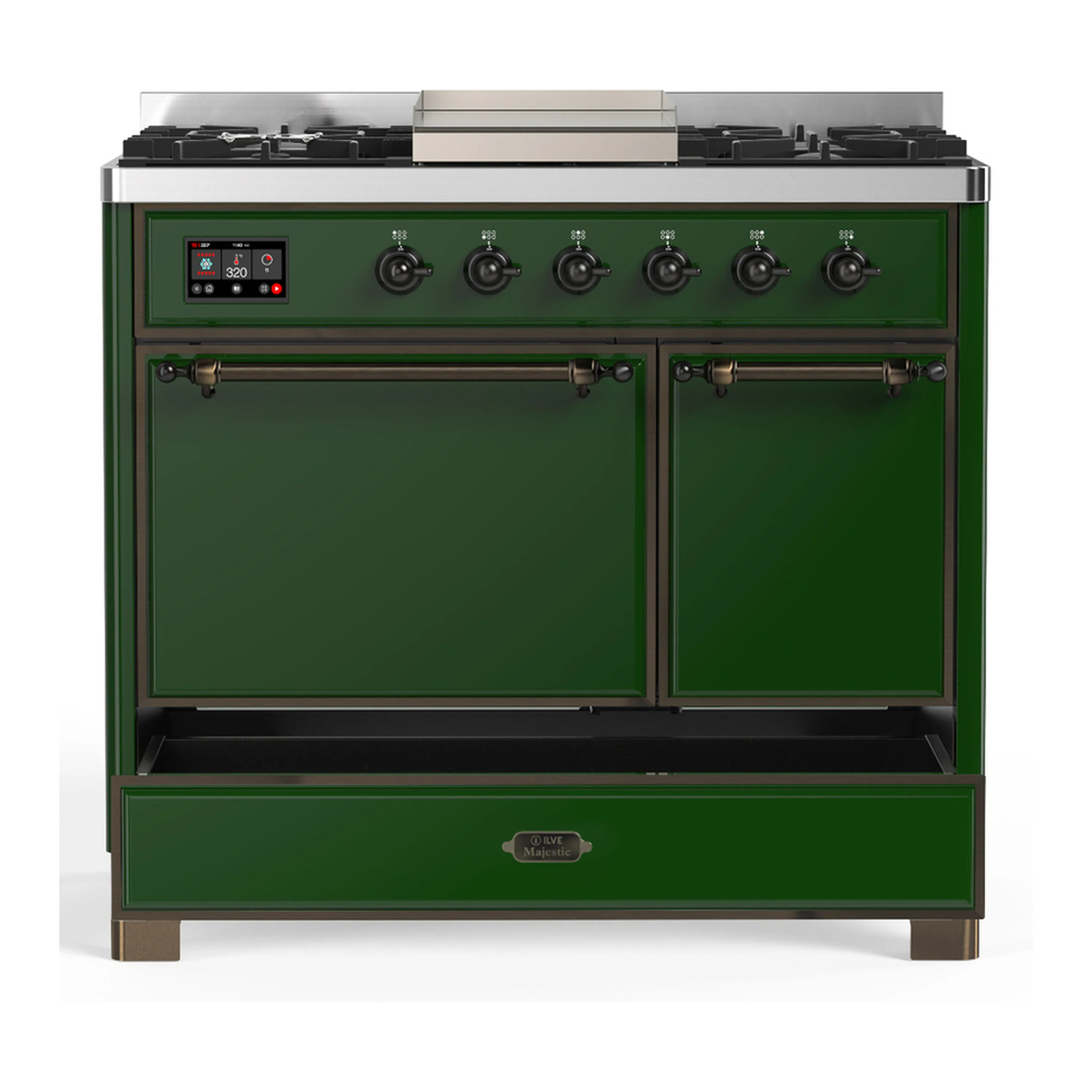 ILVE Majestic III 40-inch Dual Fuel Range with 6 Natural Gas Burner, Griddle and Solid Door Electric Oven in Emerald Green with Burnished Trim (UMD40FQNR3EGB) - Image 3
