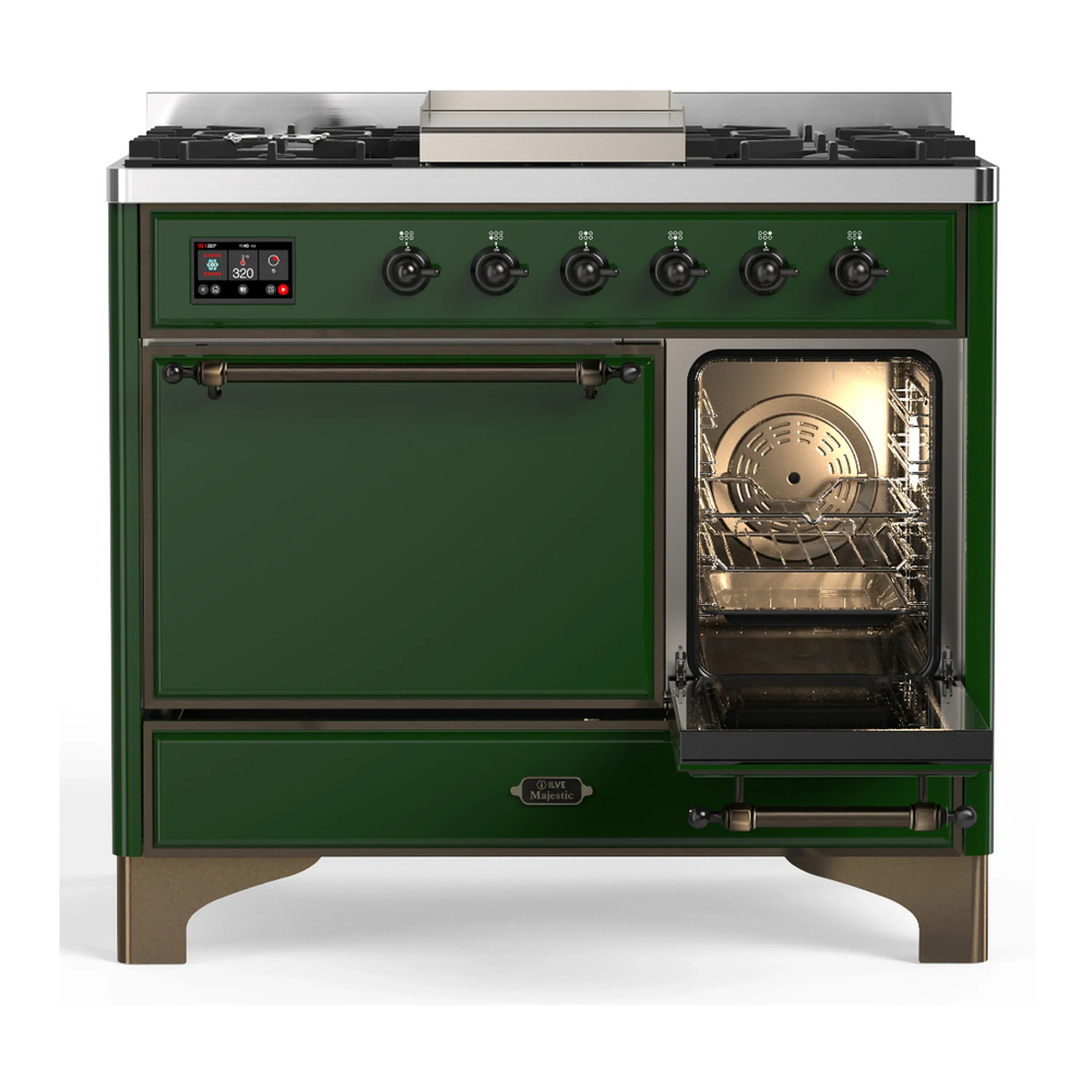 ILVE Majestic III 40-inch Dual Fuel Range with 6 Natural Gas Burner, Griddle and Solid Door Electric Oven in Emerald Green with Burnished Trim (UMD40FQNR3EGB) - Image 4