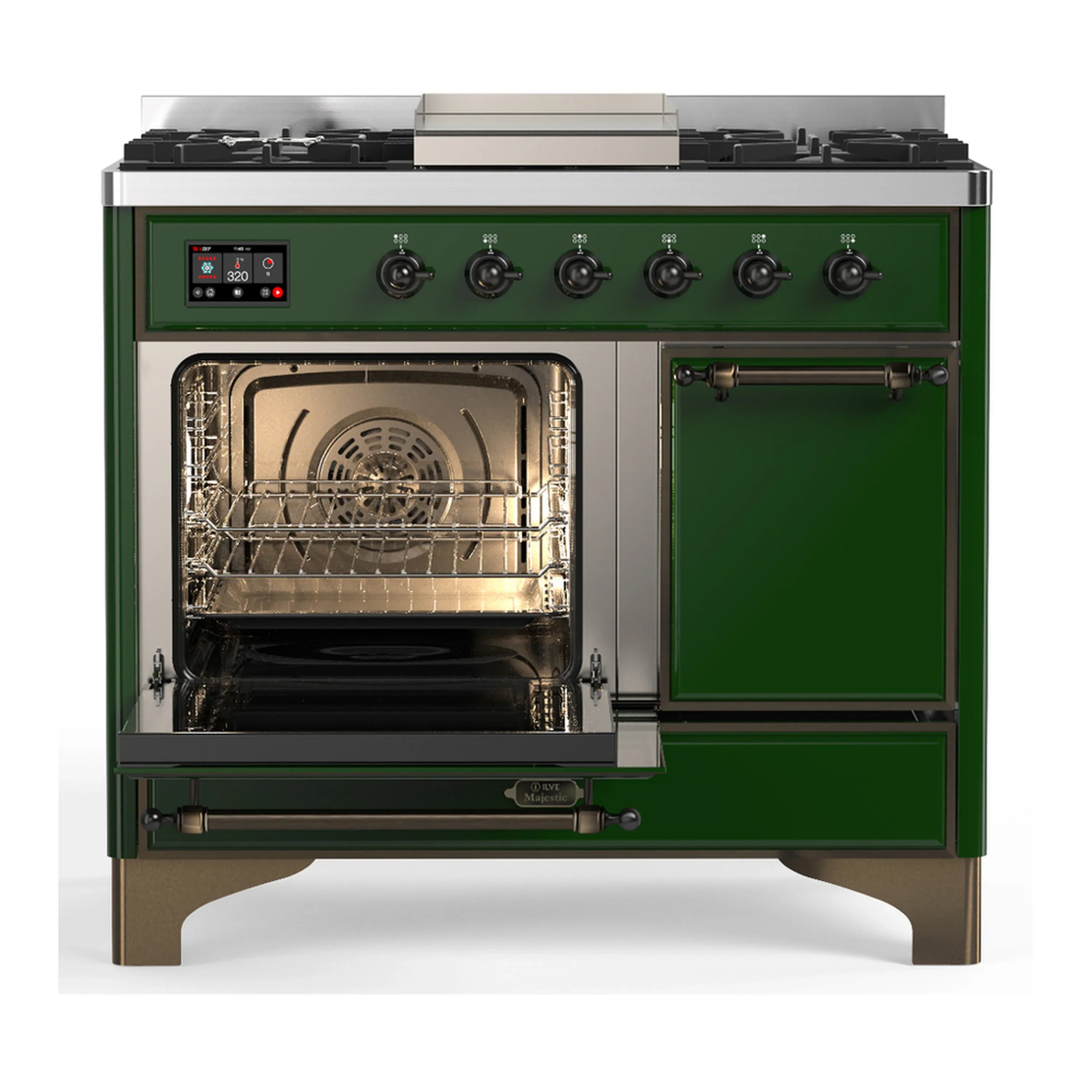 ILVE Majestic III 40-inch Dual Fuel Range with 6 Natural Gas Burner, Griddle and Solid Door Electric Oven in Emerald Green with Burnished Trim (UMD40FQNR3EGB) - Image 5