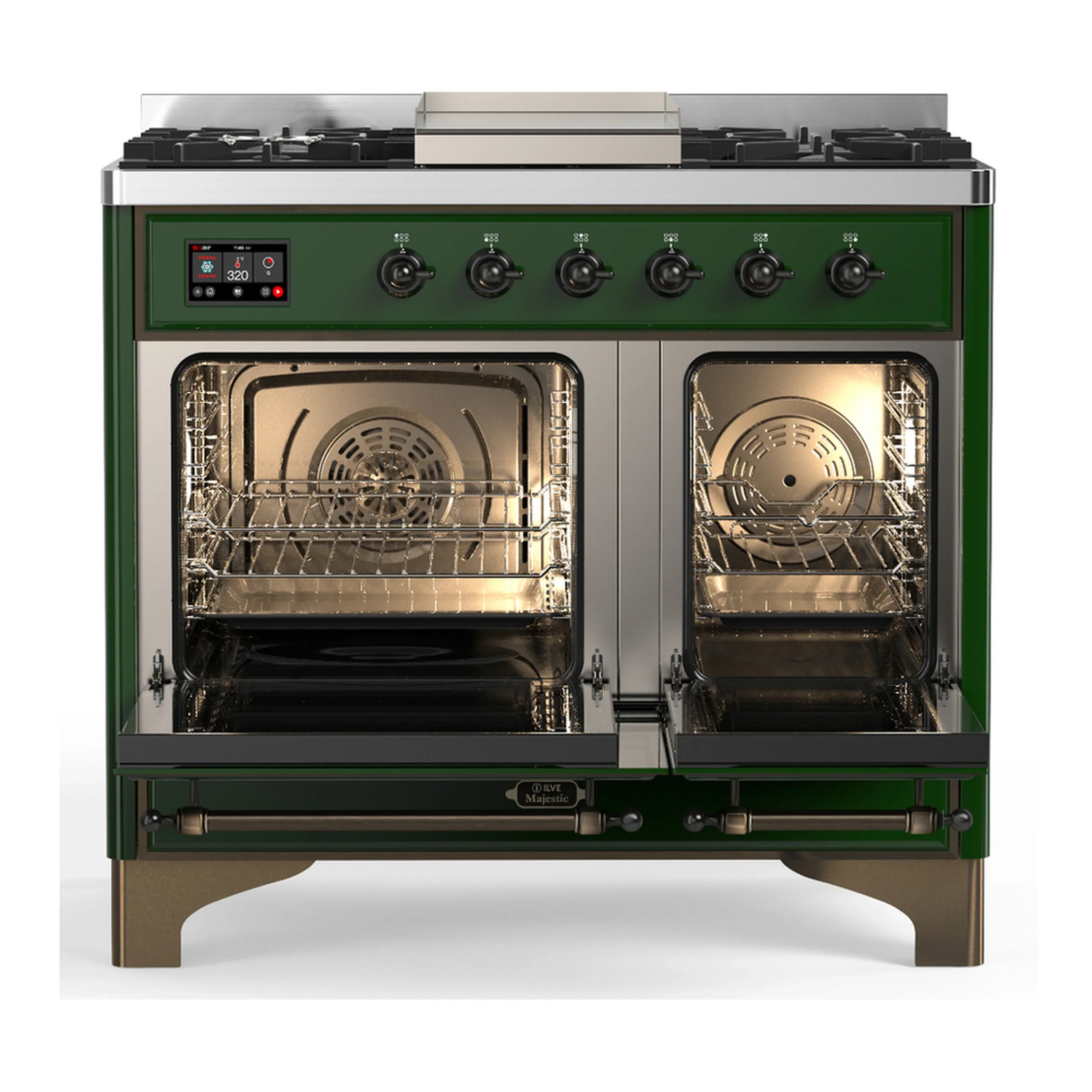 ILVE Majestic III 40-inch Dual Fuel Range with 6 Natural Gas Burner, Griddle and Solid Door Electric Oven in Emerald Green with Burnished Trim (UMD40FQNR3EGB) - Image 6