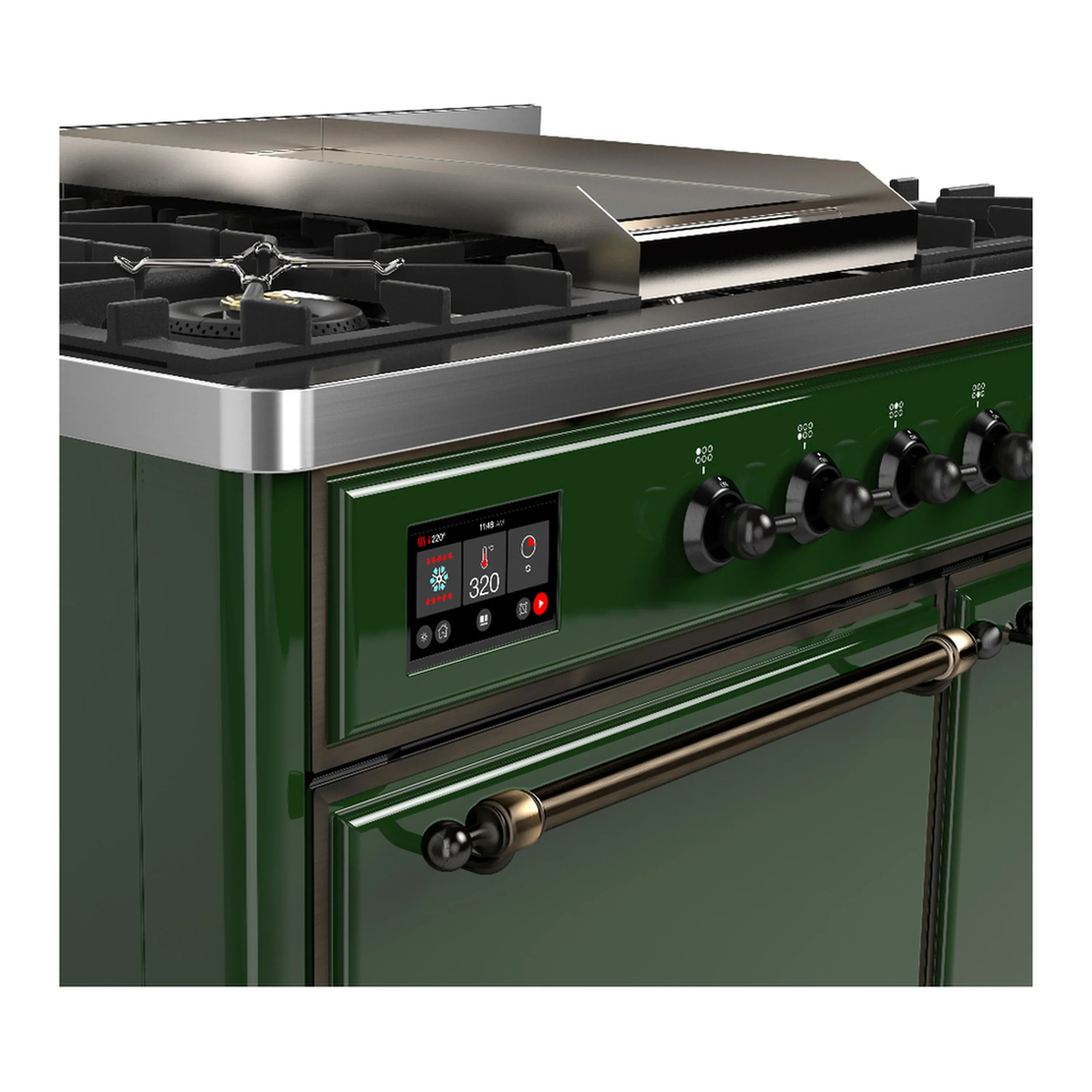 ILVE Majestic III 40-inch Dual Fuel Range with 6 Natural Gas Burner, Griddle and Solid Door Electric Oven in Emerald Green with Burnished Trim (UMD40FQNR3EGB) - Image 7