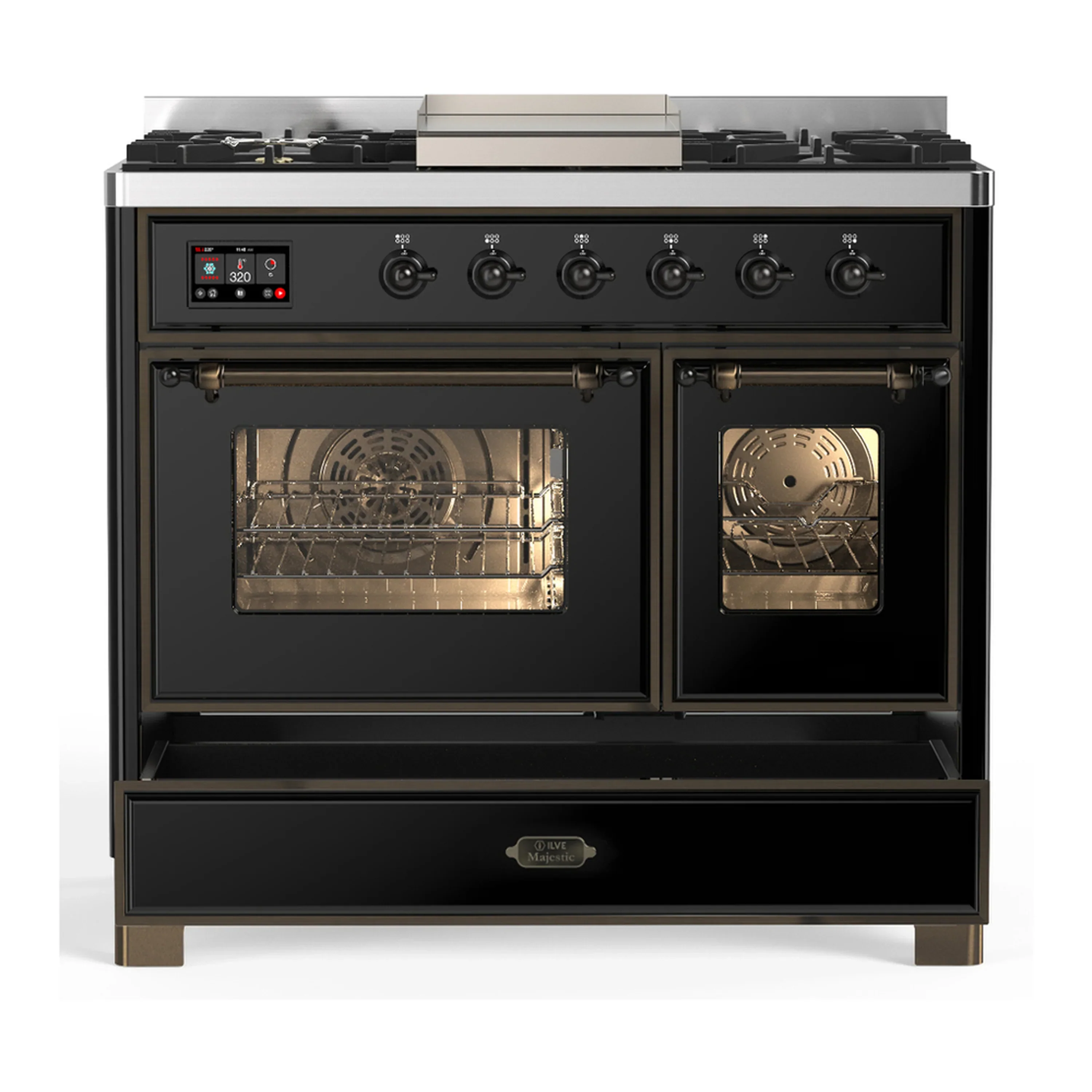 ILVE Majestic III 40-inch Dual Fuel Range with 6 Natural Gas Burner, Griddle and Triple Glass Door Electric Oven in Glossy Black with Burnished Trim (UMD40FNR3BKB) - Image 3