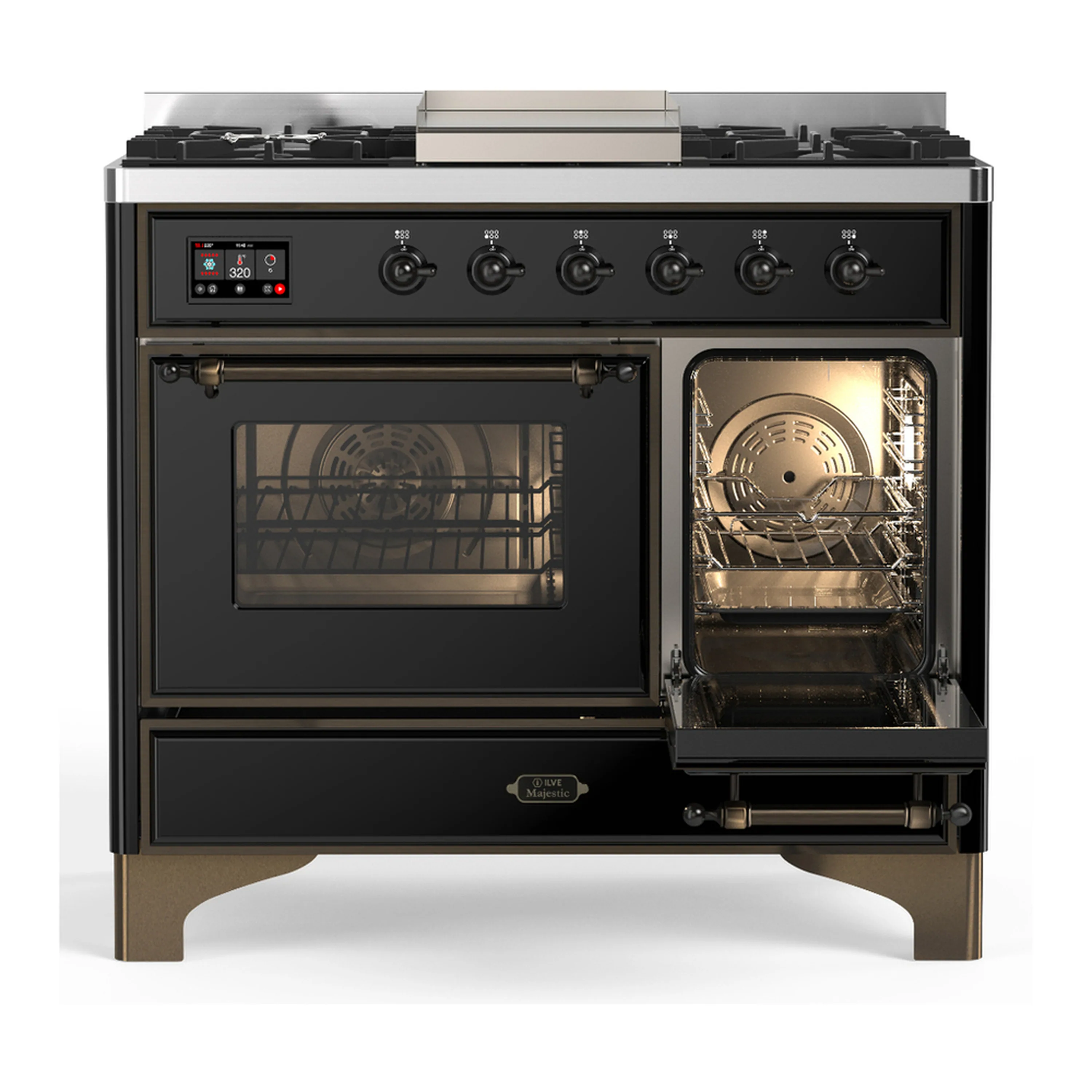 ILVE Majestic III 40-inch Dual Fuel Range with 6 Natural Gas Burner, Griddle and Triple Glass Door Electric Oven in Glossy Black with Burnished Trim (UMD40FNR3BKB) - Image 4