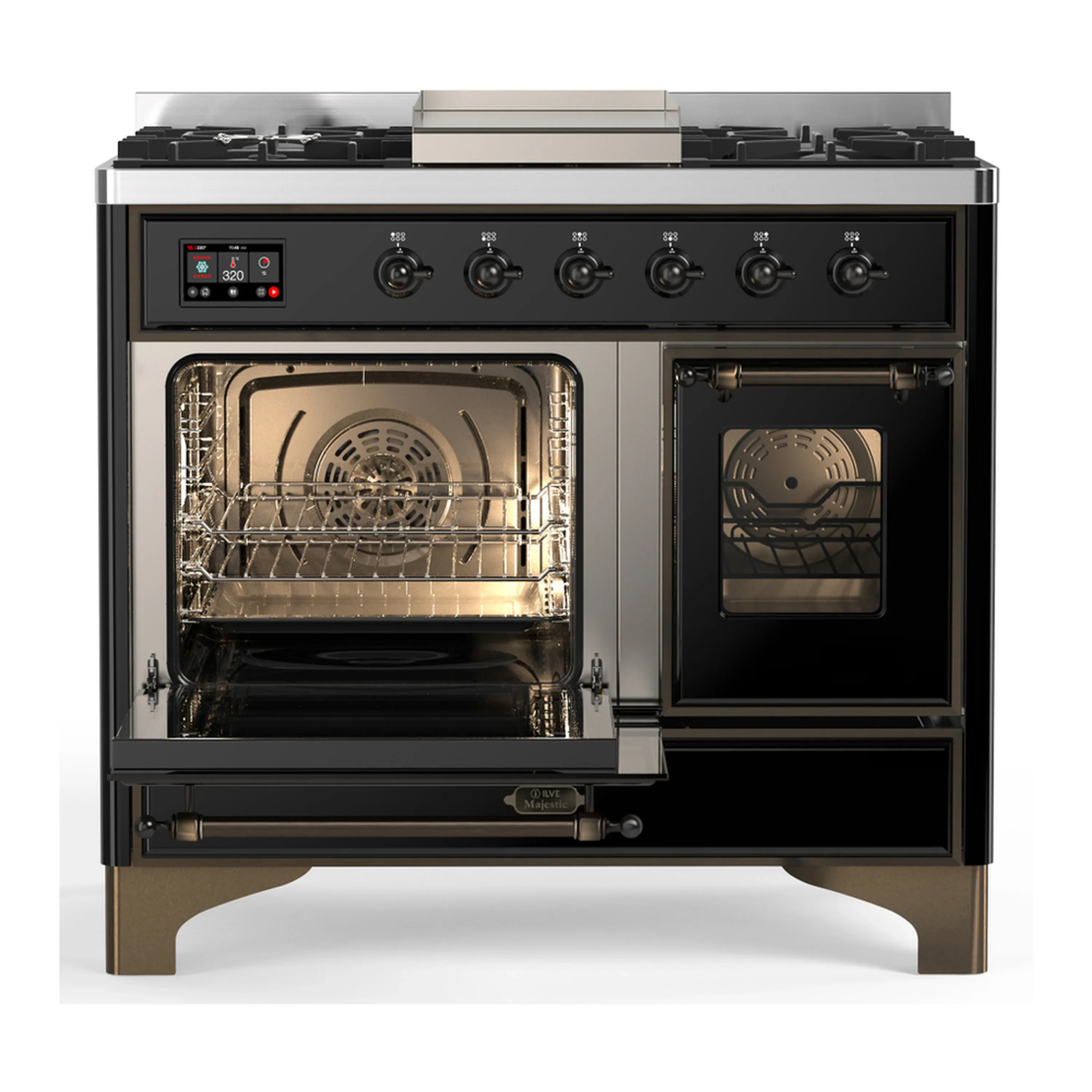ILVE Majestic III 40-inch Dual Fuel Range with 6 Natural Gas Burner, Griddle and Triple Glass Door Electric Oven in Glossy Black with Burnished Trim (UMD40FNR3BKB) - Image 5