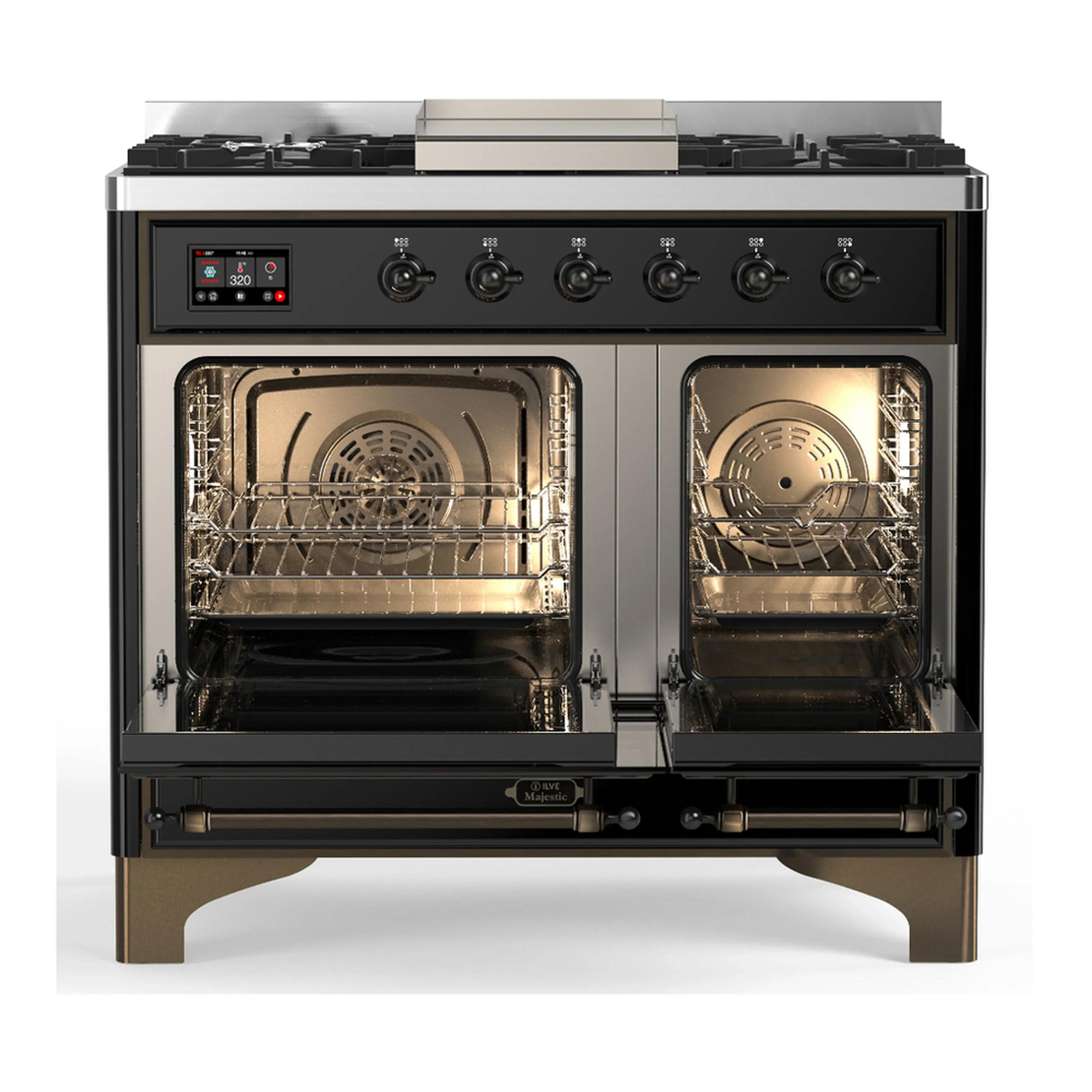 ILVE Majestic III 40-inch Dual Fuel Range with 6 Natural Gas Burner, Griddle and Triple Glass Door Electric Oven in Glossy Black with Burnished Trim (UMD40FNR3BKB) - Image 6