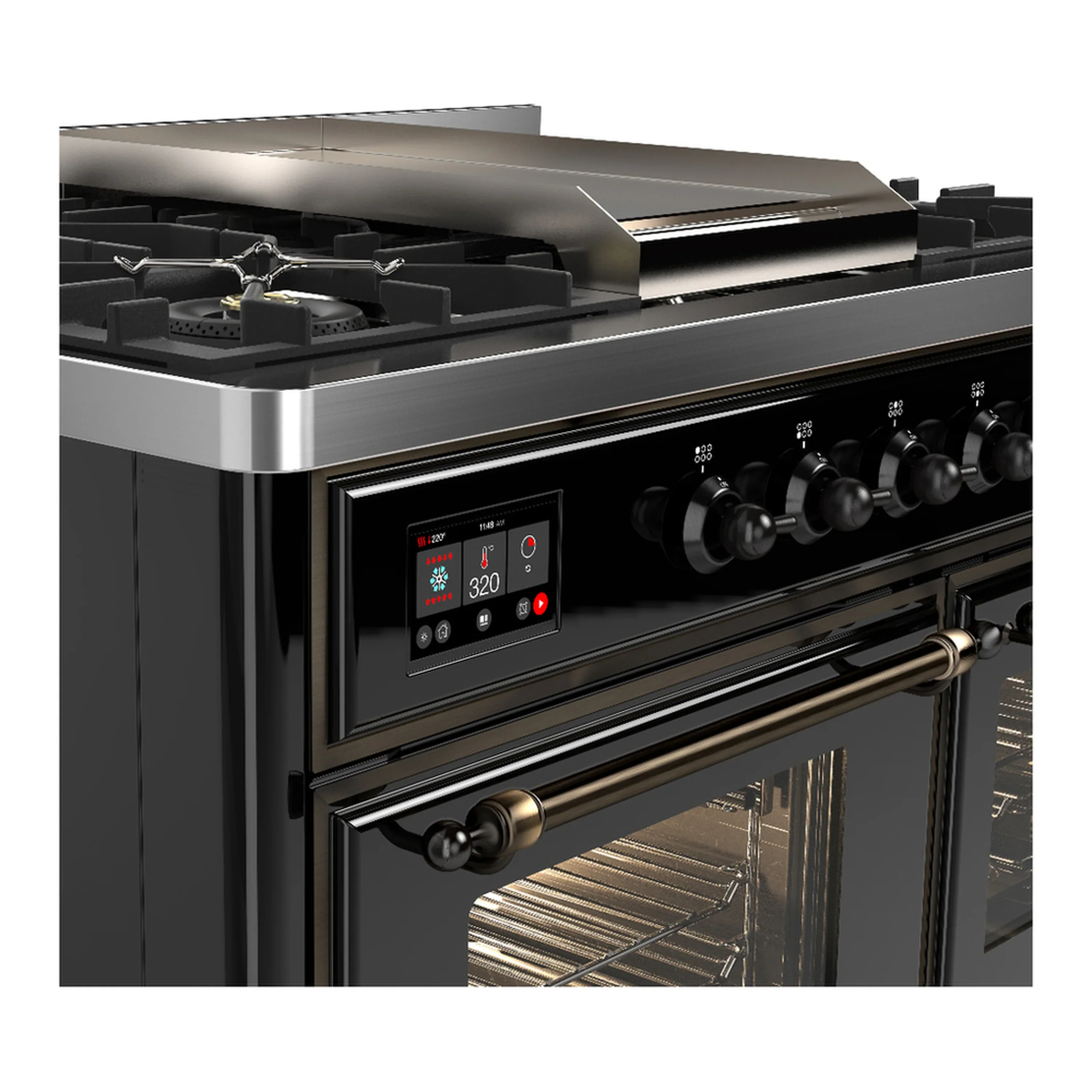 ILVE Majestic III 40-inch Dual Fuel Range with 6 Natural Gas Burner, Griddle and Triple Glass Door Electric Oven in Glossy Black with Burnished Trim (UMD40FNR3BKB) - Image 7