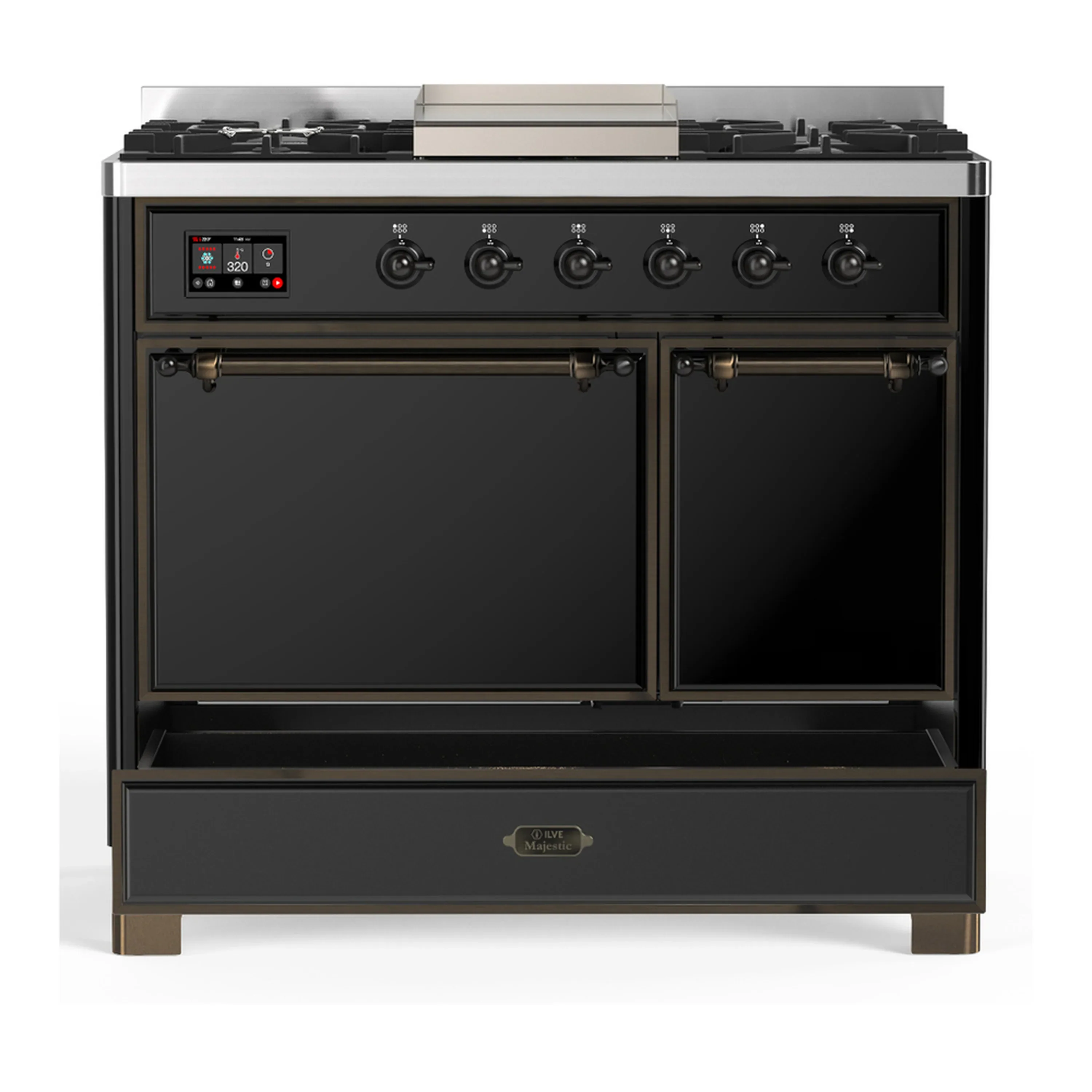 ILVE Majestic III 40-inch Dual Fuel Range with 6 Natural Gas Burner, Griddle and Solid Door Electric Oven in Glossy Black with Burnished Trim (UMD40FQNR3BKB) - Image 3