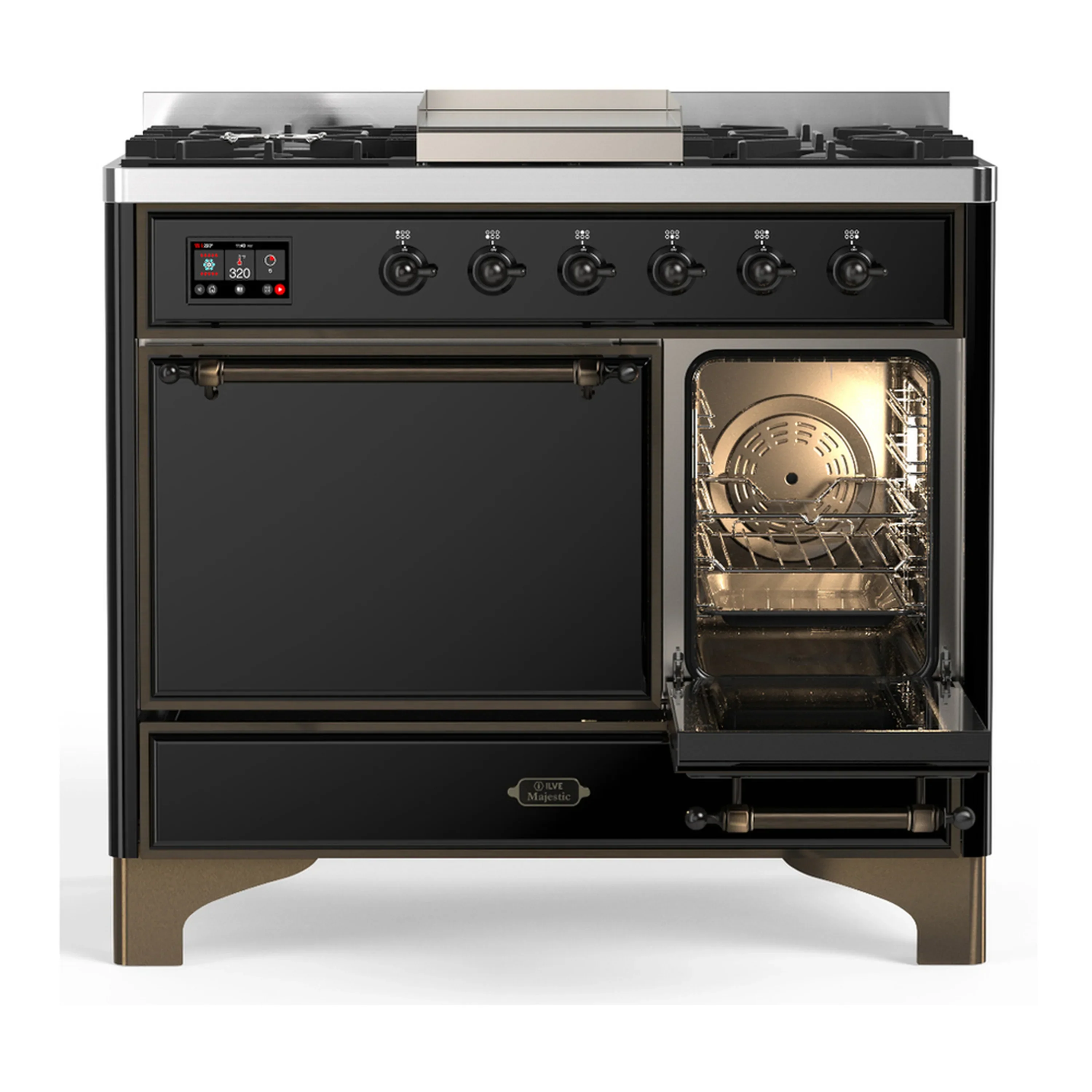 ILVE Majestic III 40-inch Dual Fuel Range with 6 Natural Gas Burner, Griddle and Solid Door Electric Oven in Glossy Black with Burnished Trim (UMD40FQNR3BKB) - Image 4