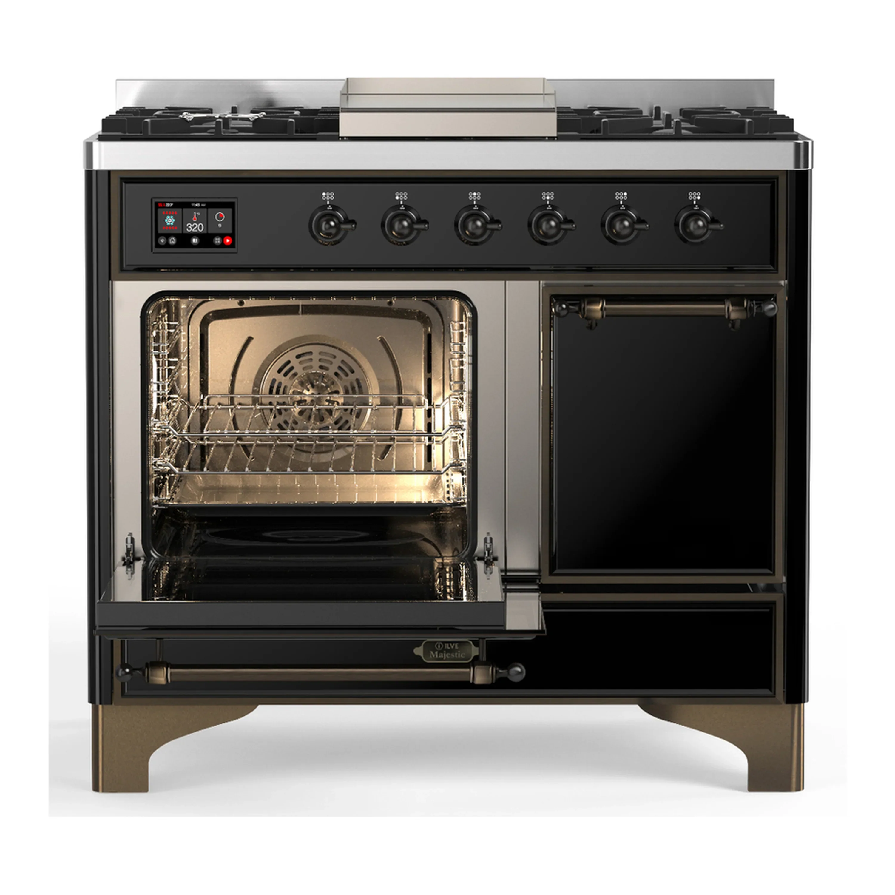 ILVE Majestic III 40-inch Dual Fuel Range with 6 Natural Gas Burner, Griddle and Solid Door Electric Oven in Glossy Black with Burnished Trim (UMD40FQNR3BKB) - Image 5