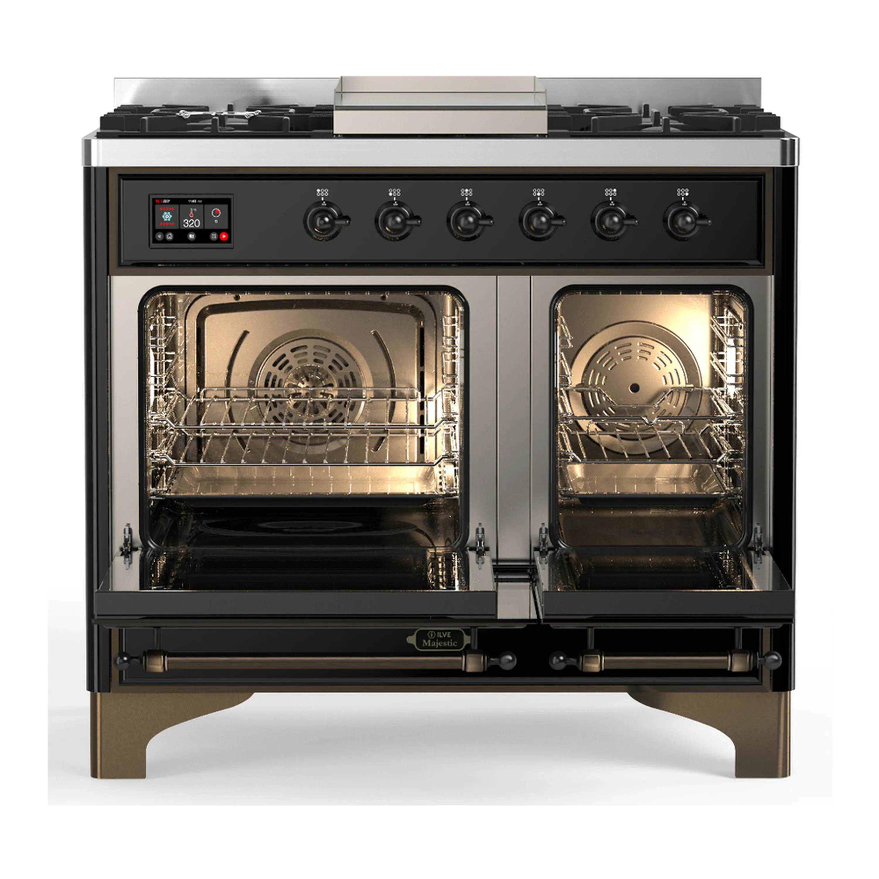 ILVE Majestic III 40-inch Dual Fuel Range with 6 Natural Gas Burner, Griddle and Solid Door Electric Oven in Glossy Black with Burnished Trim (UMD40FQNR3BKB) - Image 6