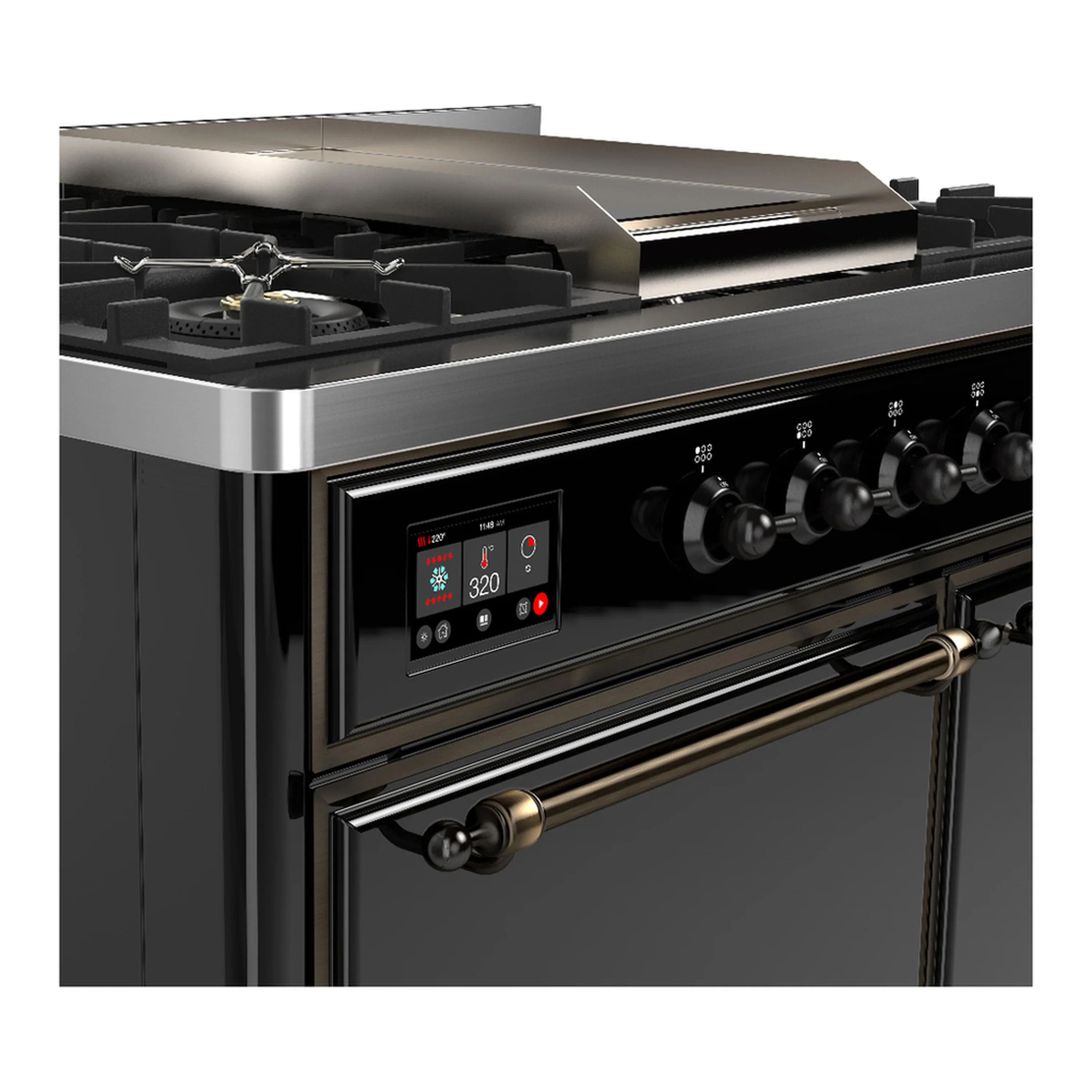 ILVE Majestic III 40-inch Dual Fuel Range with 6 Natural Gas Burner, Griddle and Solid Door Electric Oven in Glossy Black with Burnished Trim (UMD40FQNR3BKB) - Image 7