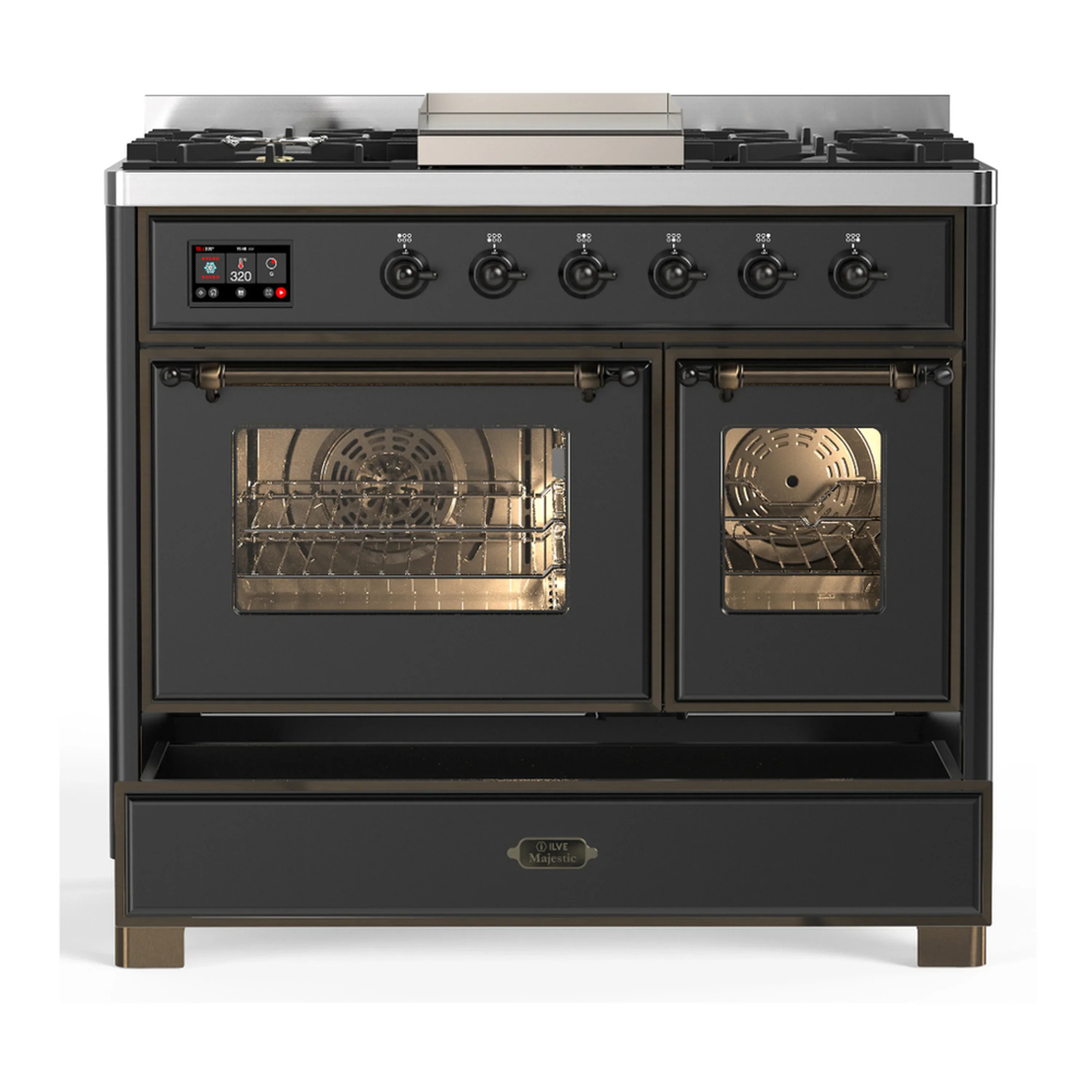 ILVE Majestic III 40-inch Dual Fuel Range with 5 Liquid Propane Burner, Griddle and Triple Glass Door Electric Oven in Graphite Matte with Burnished Trim (UMD40FNR3MGBLP) - Image 3