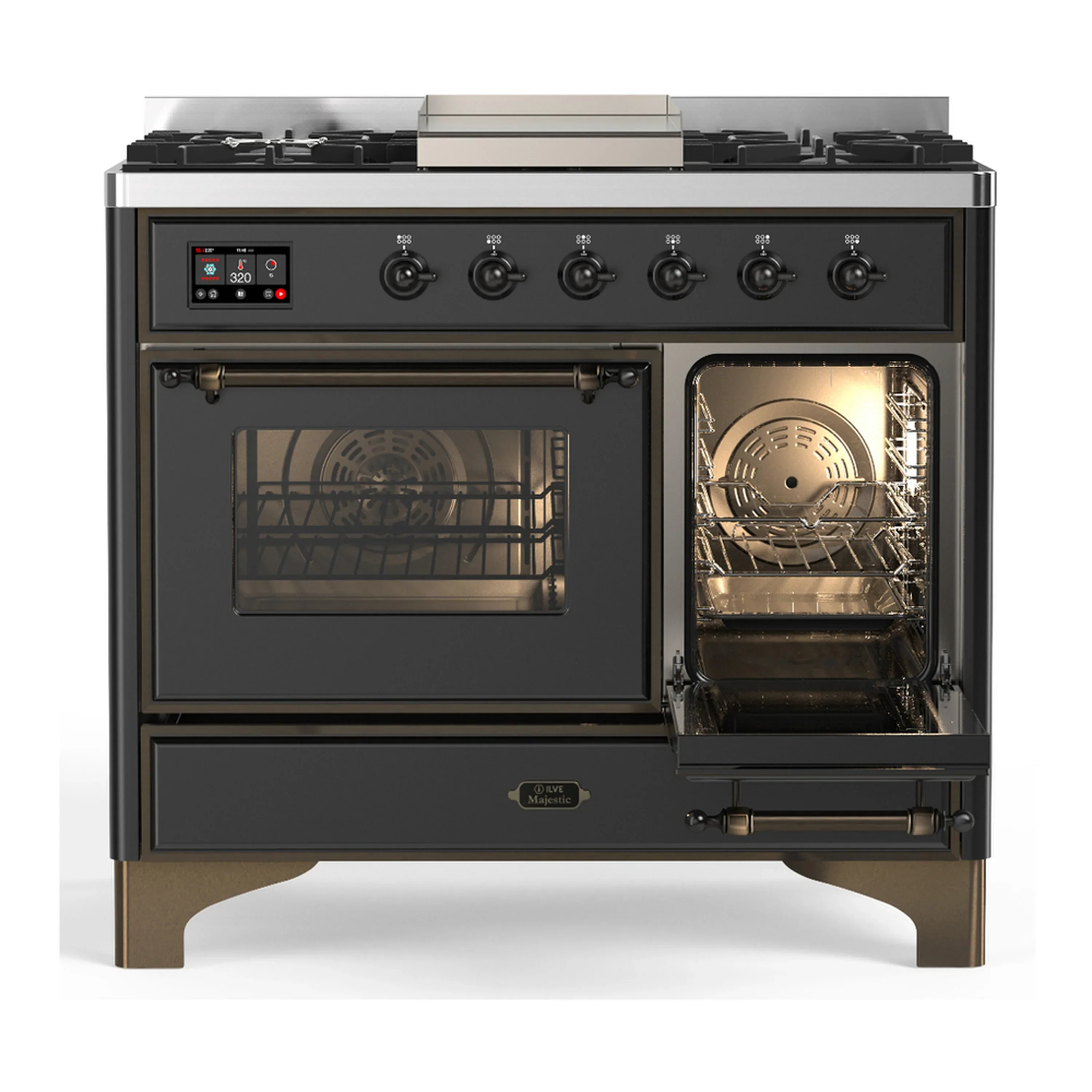 ILVE Majestic III 40-inch Dual Fuel Range with 5 Liquid Propane Burner, Griddle and Triple Glass Door Electric Oven in Graphite Matte with Burnished Trim (UMD40FNR3MGBLP) - Image 4