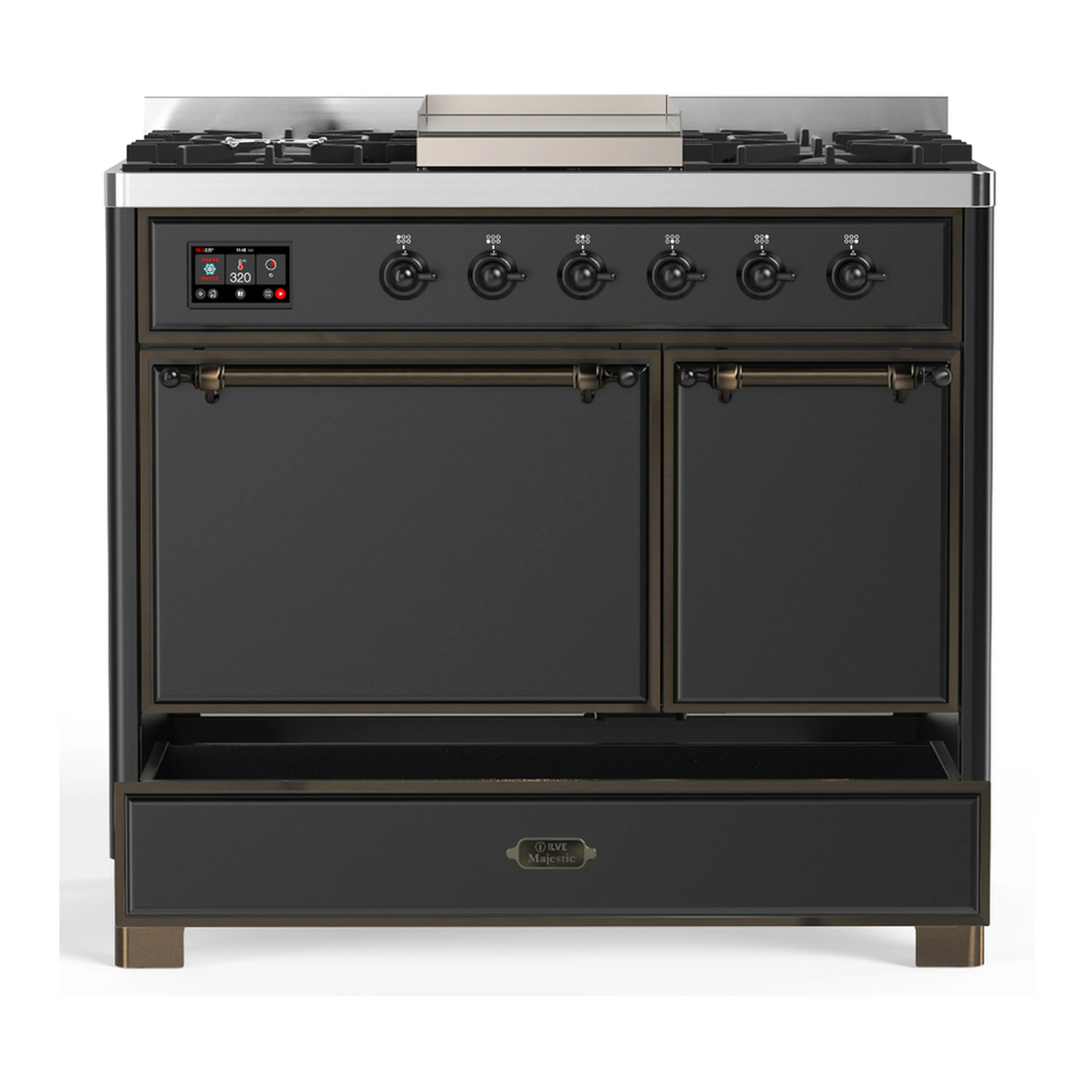 ILVE Majestic III 40-inch Dual Fuel Range with 6 Natural Gas Burner, Griddle and Solid Door Electric Oven in Graphite Matte with Burnished Trim (UMD40FQNR3MGB) - Image 3
