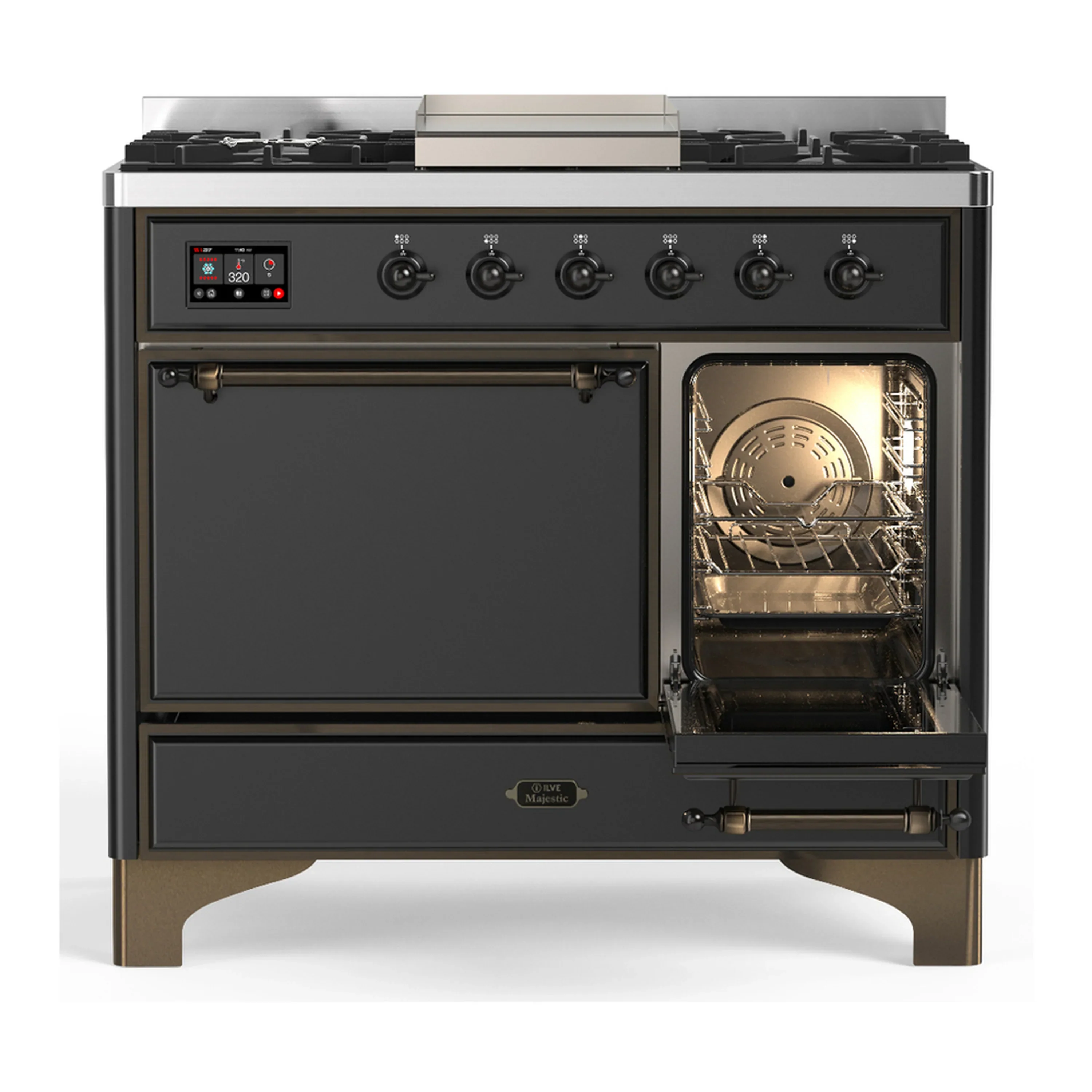 ILVE Majestic III 40-inch Dual Fuel Range with 6 Natural Gas Burner, Griddle and Solid Door Electric Oven in Graphite Matte with Burnished Trim (UMD40FQNR3MGB) - Image 4