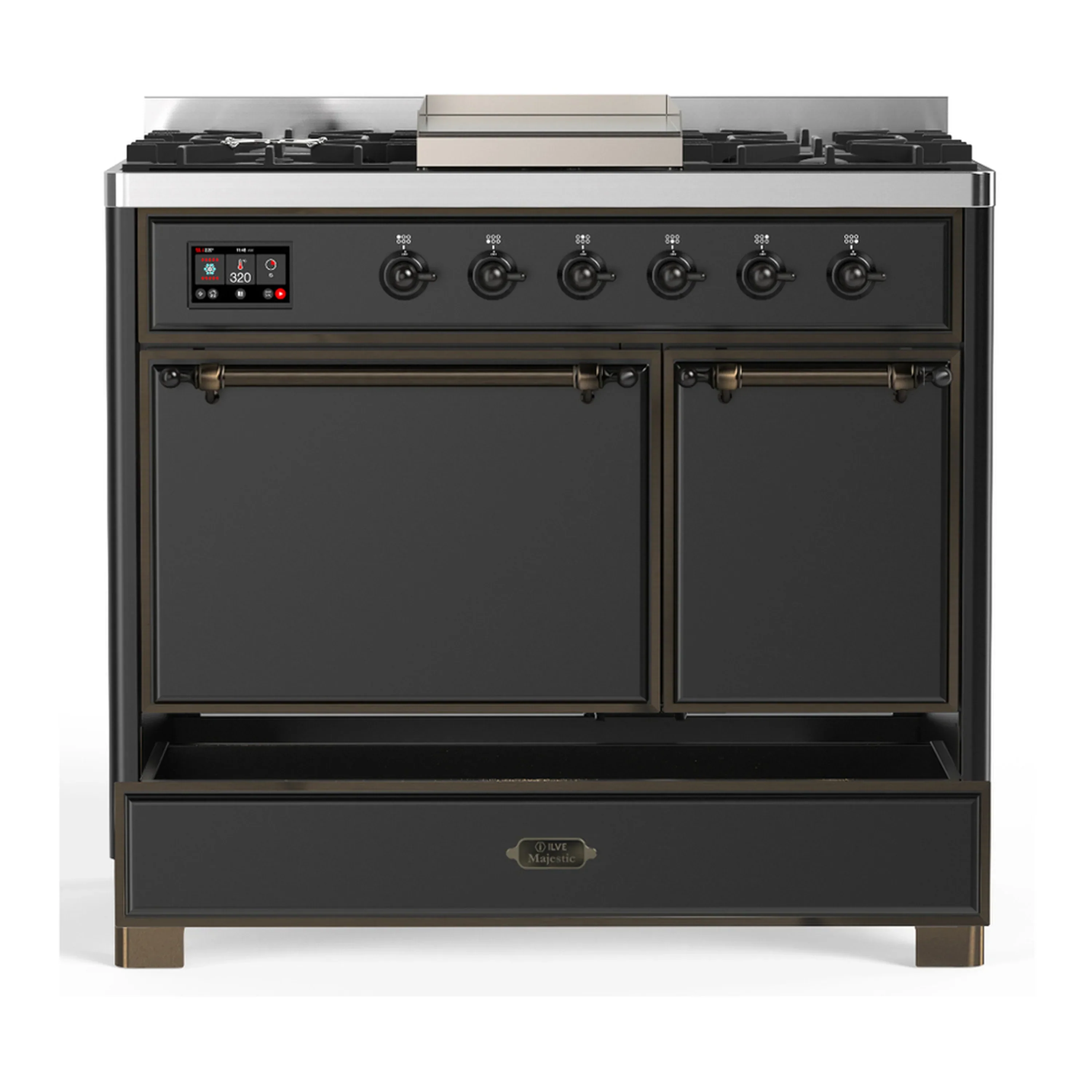 ILVE Majestic III 40-inch Dual Fuel Range with 5 Liquid Propane Burner, Griddle and Solid Door Electric Oven in Graphite Matte with Burnished Trim (UMD40FQNR3MGBLP) - Image 3