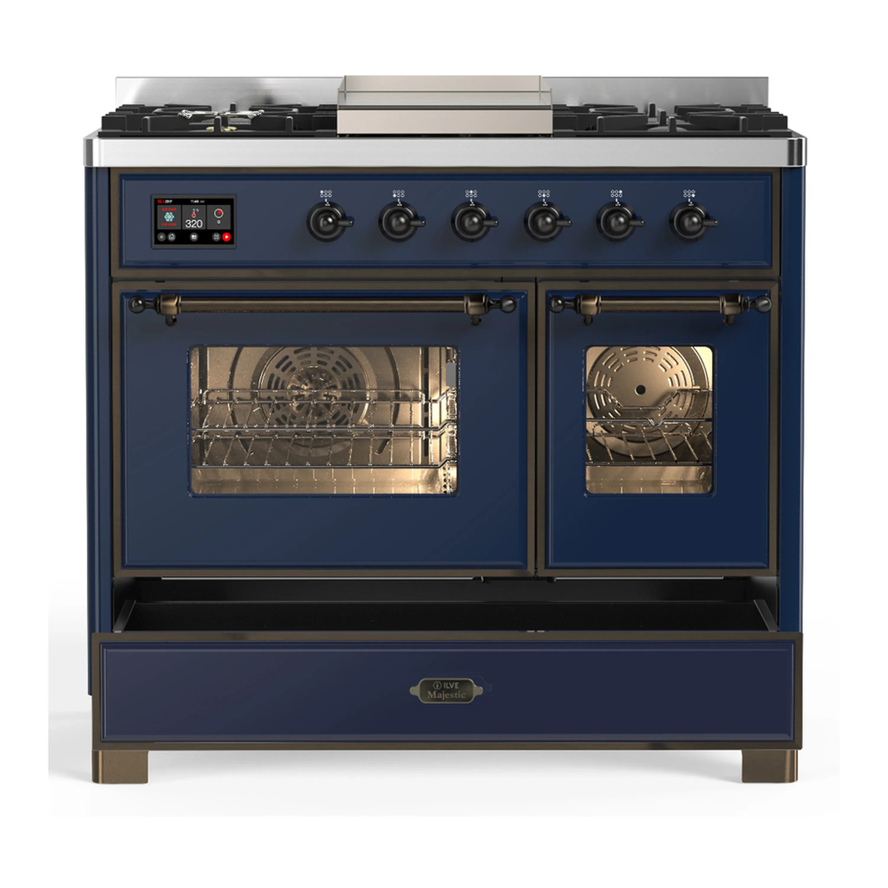ILVE Majestic III 40-inch Dual Fuel Range with 6 Natural Gas Burner, Griddle and Triple Glass Door Electric Oven in Midnight Blue with Burnished Trim (UMD40FNR3MBB) - Image 3