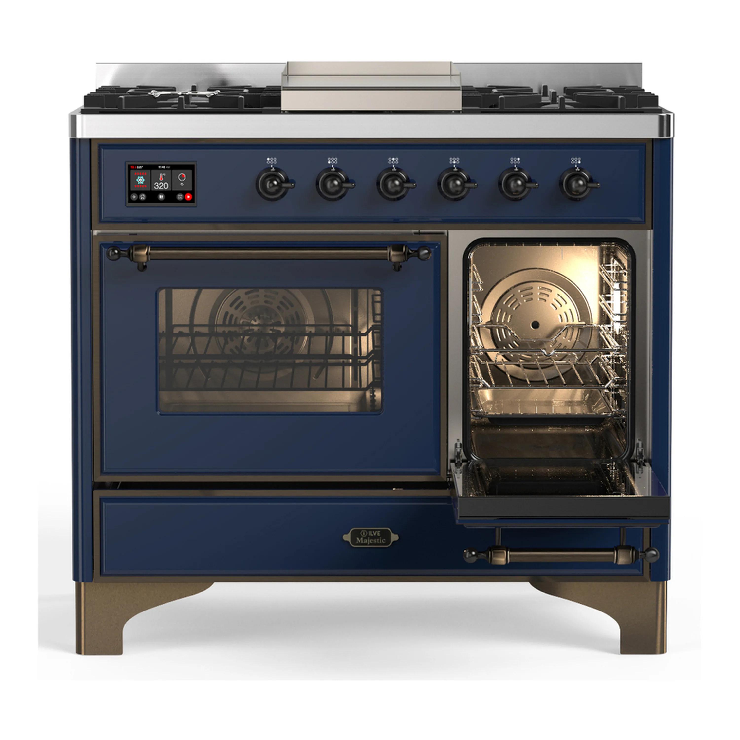 ILVE Majestic III 40-inch Dual Fuel Range with 6 Natural Gas Burner, Griddle and Triple Glass Door Electric Oven in Midnight Blue with Burnished Trim (UMD40FNR3MBB) - Image 4