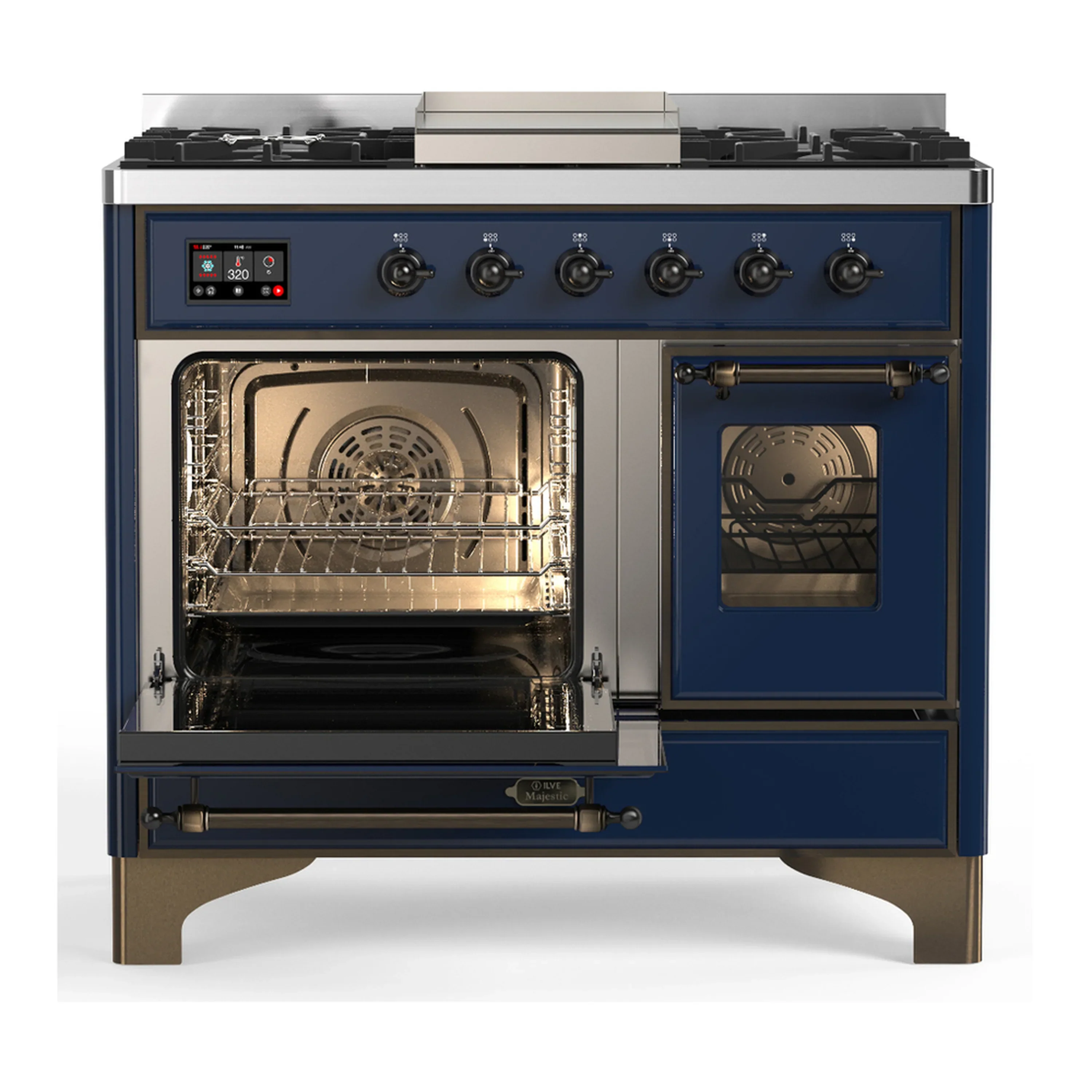 ILVE Majestic III 40-inch Dual Fuel Range with 6 Natural Gas Burner, Griddle and Triple Glass Door Electric Oven in Midnight Blue with Burnished Trim (UMD40FNR3MBB) - Image 5