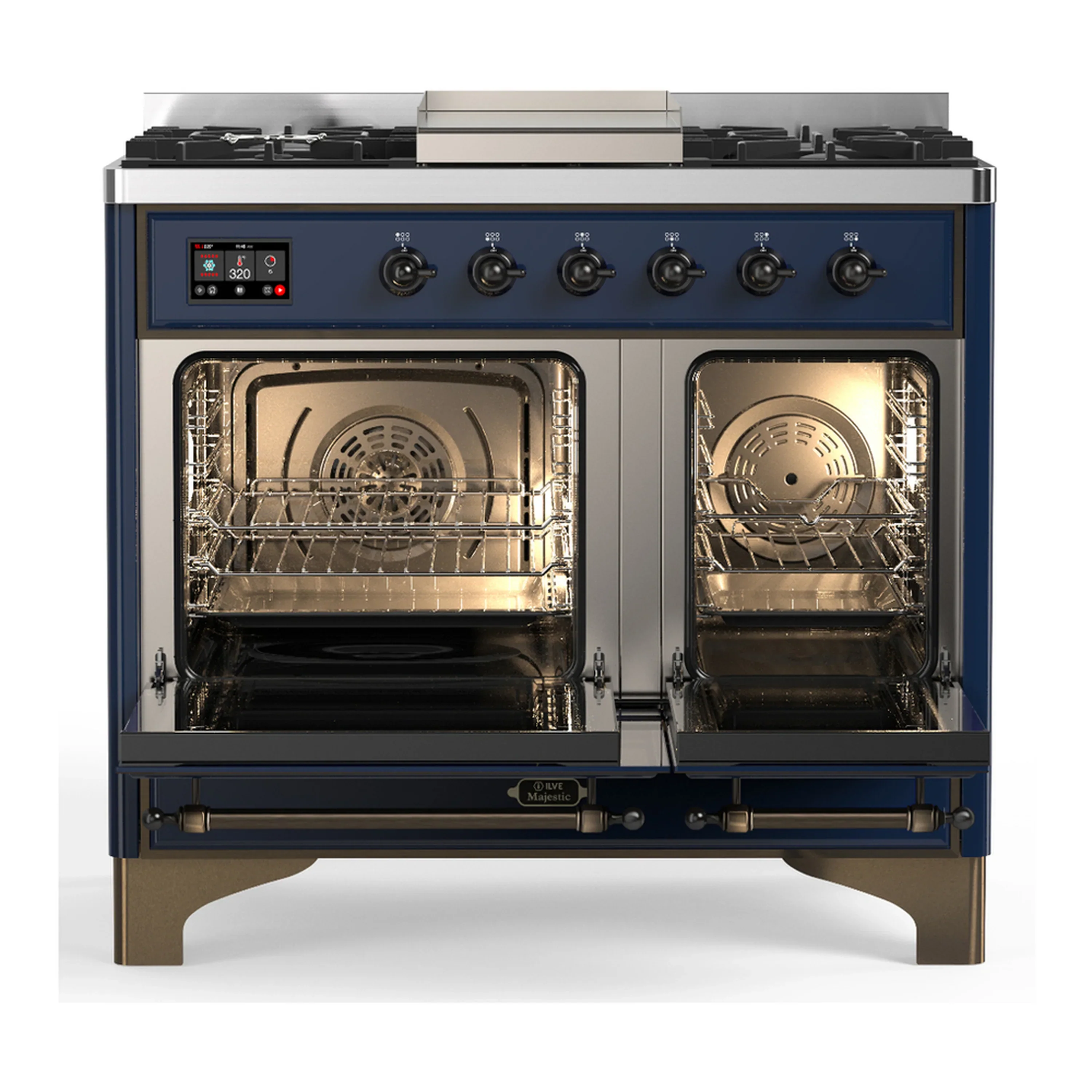 ILVE Majestic III 40-inch Dual Fuel Range with 6 Natural Gas Burner, Griddle and Triple Glass Door Electric Oven in Midnight Blue with Burnished Trim (UMD40FNR3MBB) - Image 6