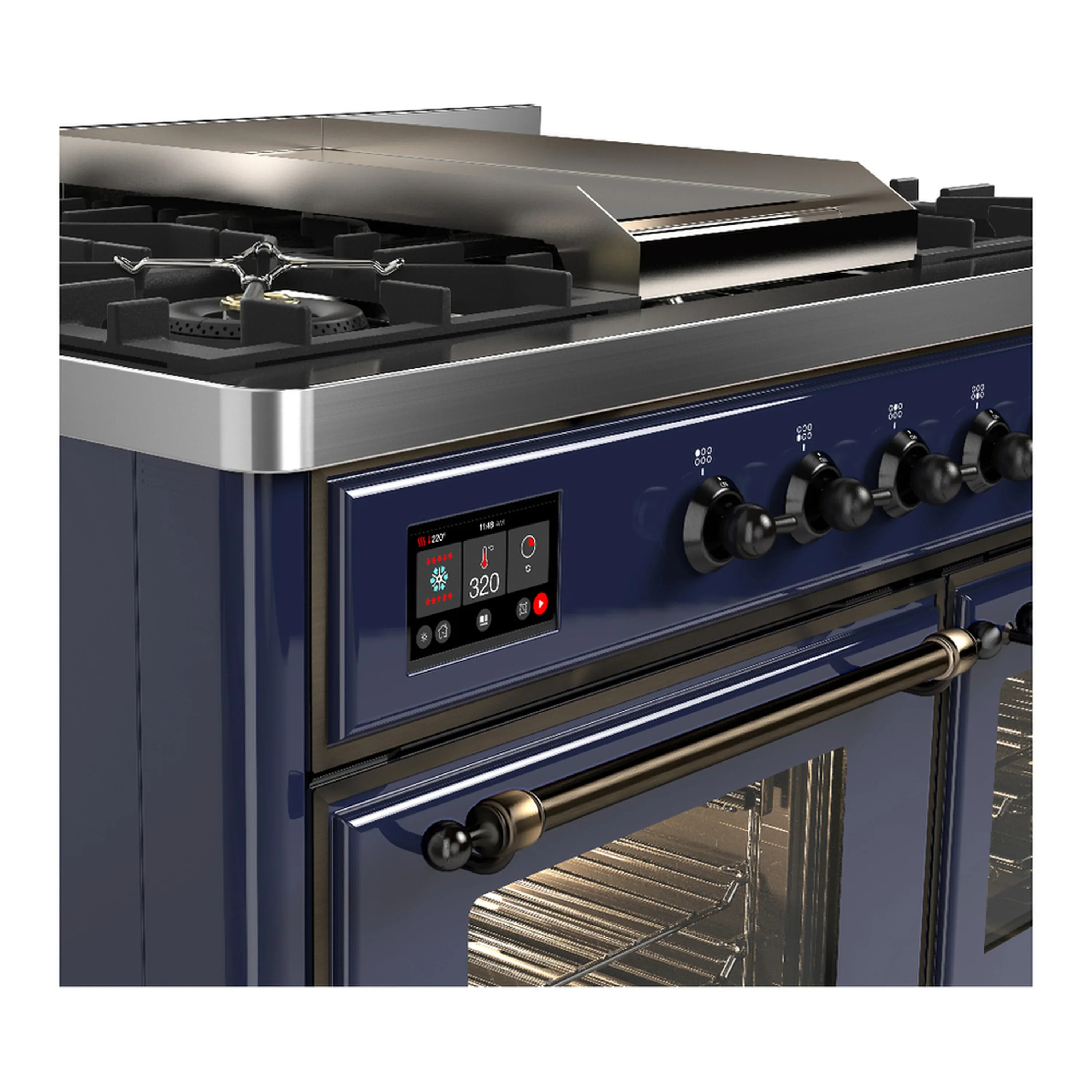 ILVE Majestic III 40-inch Dual Fuel Range with 6 Natural Gas Burner, Griddle and Triple Glass Door Electric Oven in Midnight Blue with Burnished Trim (UMD40FNR3MBB) - Image 7