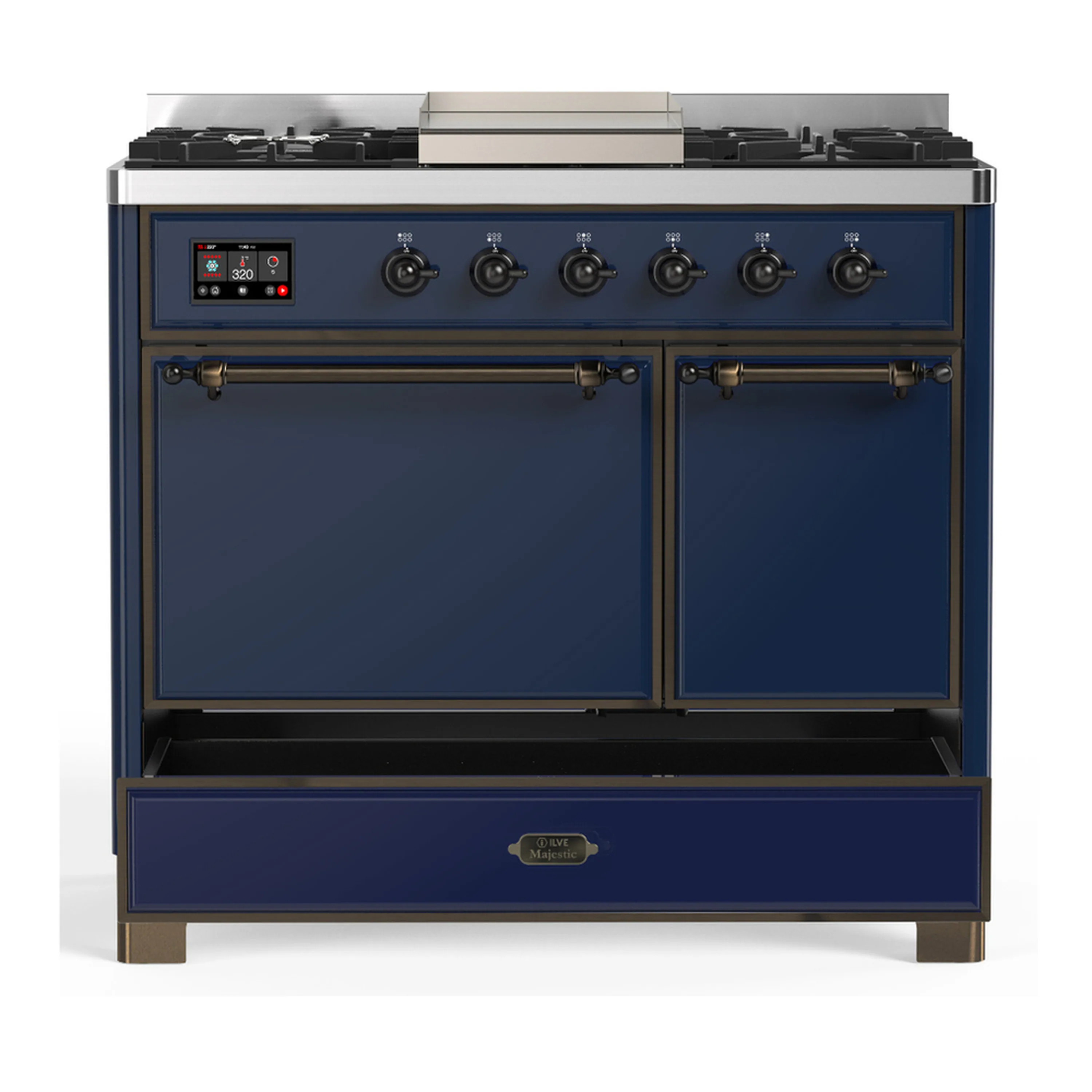 ILVE Majestic III 40-inch Dual Fuel Range with 5 Liquid Propane Burner, Griddle and Solid Door Electric Oven in Midnight Blue with Burnished Trim (UMD40FQNR3MBBLP) - Image 3
