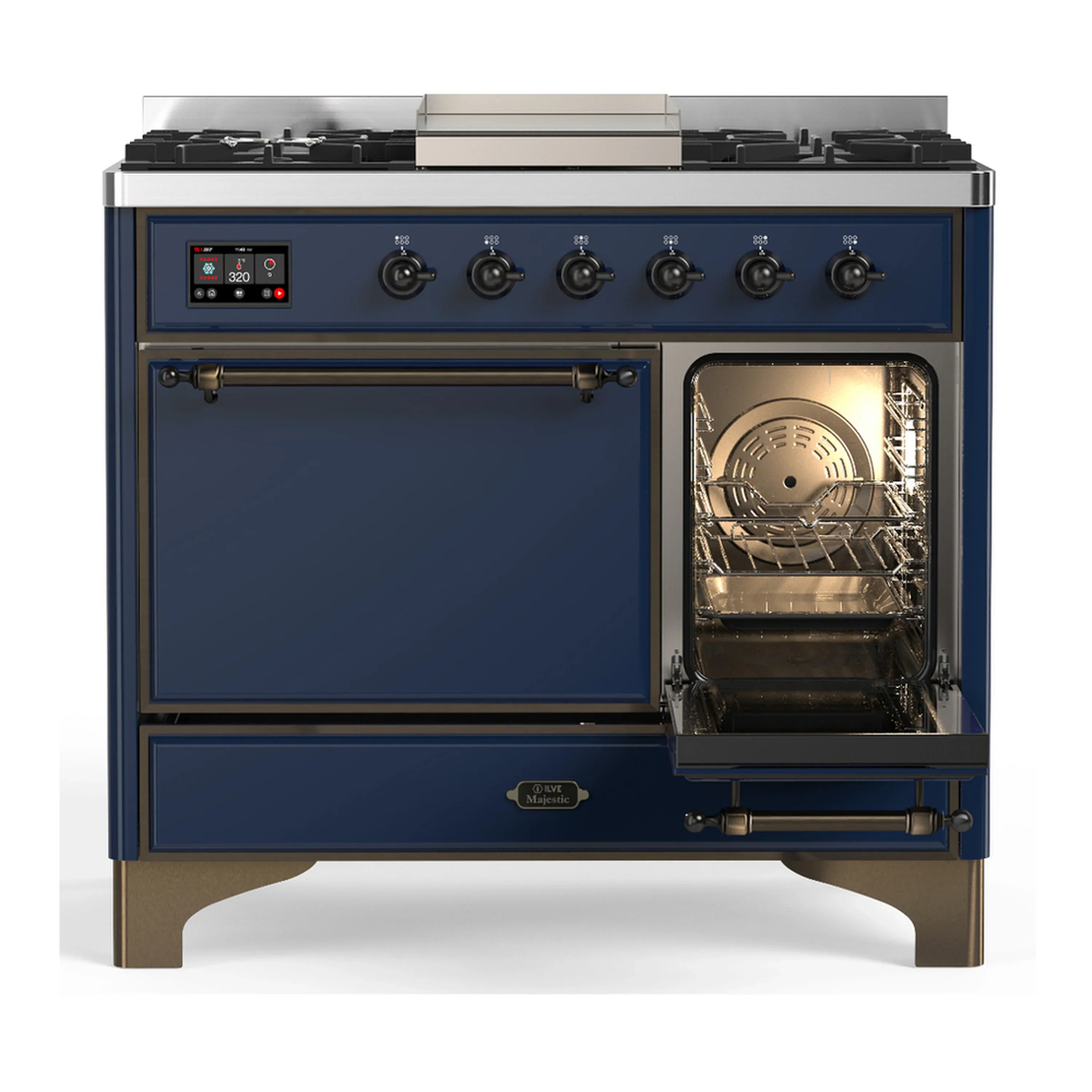 ILVE Majestic III 40-inch Dual Fuel Range with 5 Liquid Propane Burner, Griddle and Solid Door Electric Oven in Midnight Blue with Burnished Trim (UMD40FQNR3MBBLP) - Image 4