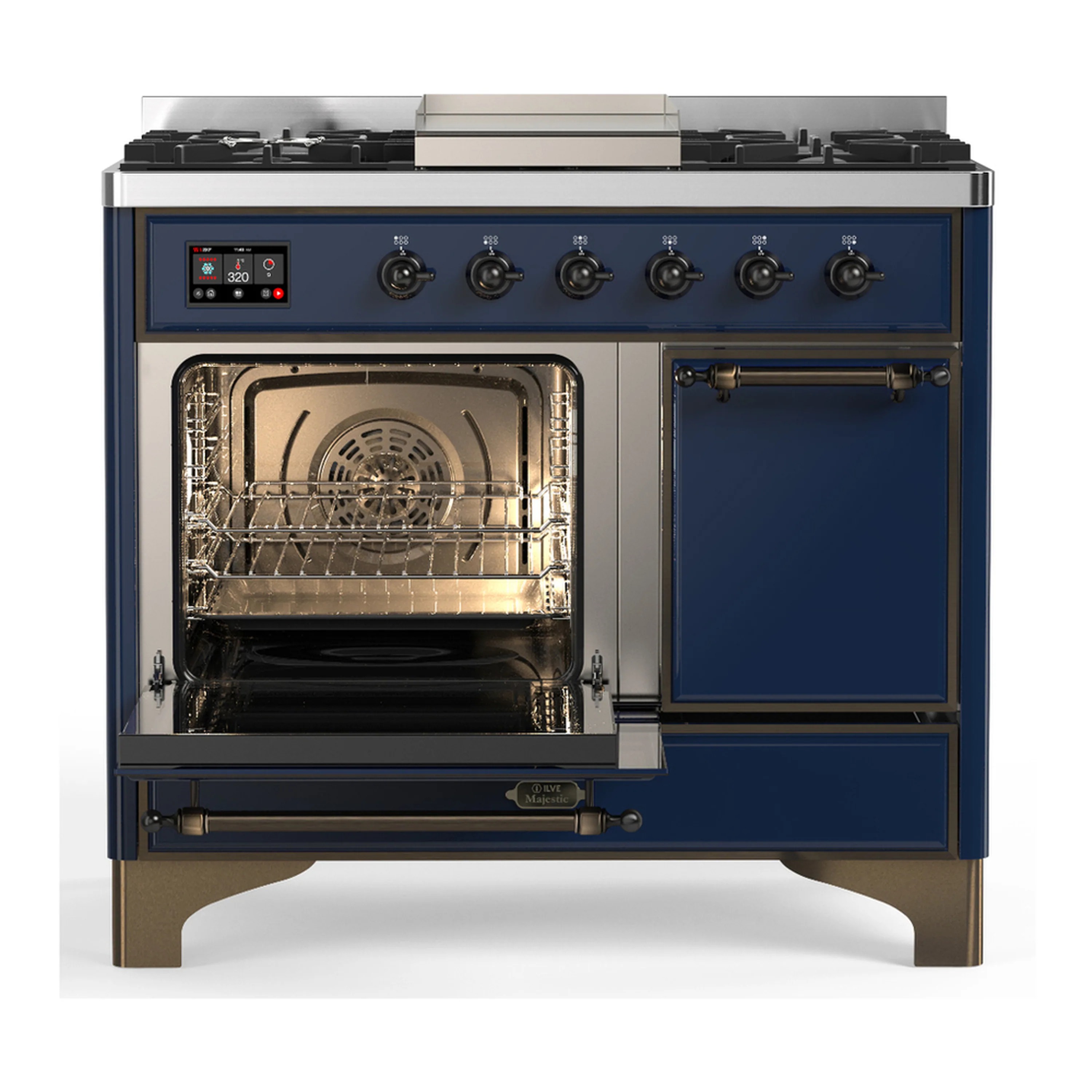 ILVE Majestic III 40-inch Dual Fuel Range with 5 Liquid Propane Burner, Griddle and Solid Door Electric Oven in Midnight Blue with Burnished Trim (UMD40FQNR3MBBLP) - Image 5
