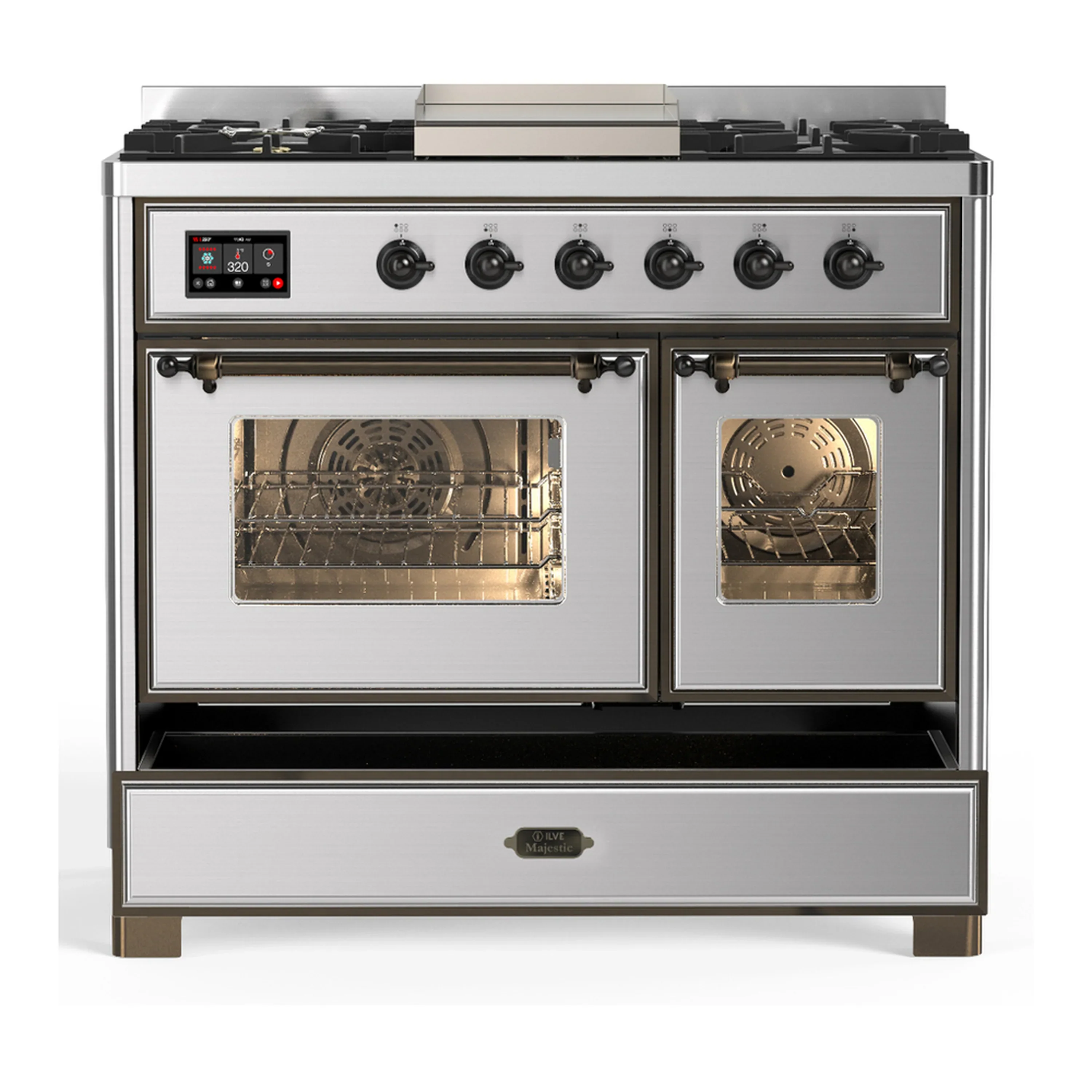ILVE Majestic III 40-inch Dual Fuel Range with 6 Natural Gas Burner, Griddle and Triple Glass Door Electric Oven in Stainless Steel with Burnished Trim (UMD40FNR3SSB) - Image 3
