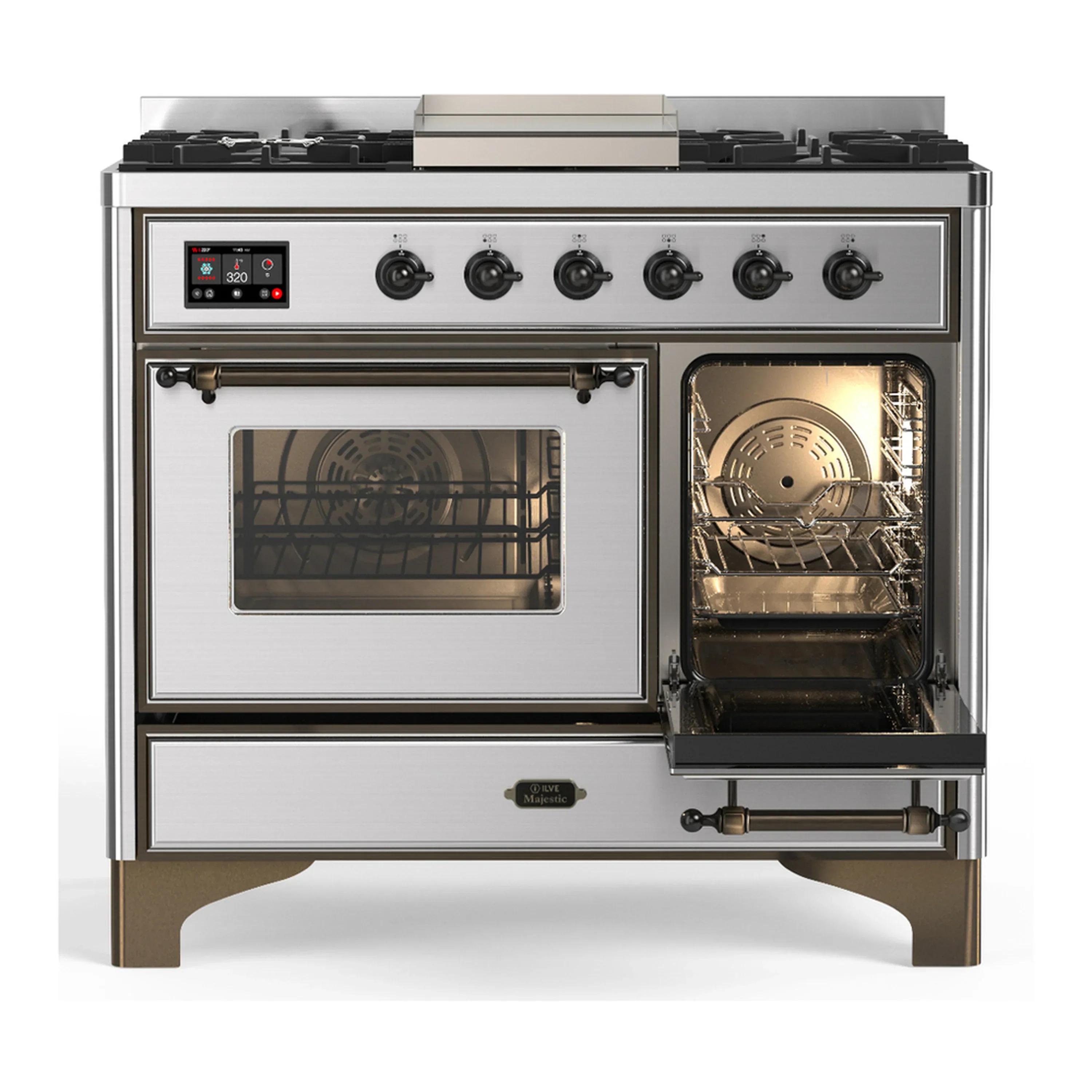 ILVE Majestic III 40-inch Dual Fuel Range with 6 Natural Gas Burner, Griddle and Triple Glass Door Electric Oven in Stainless Steel with Burnished Trim (UMD40FNR3SSB) - Image 4