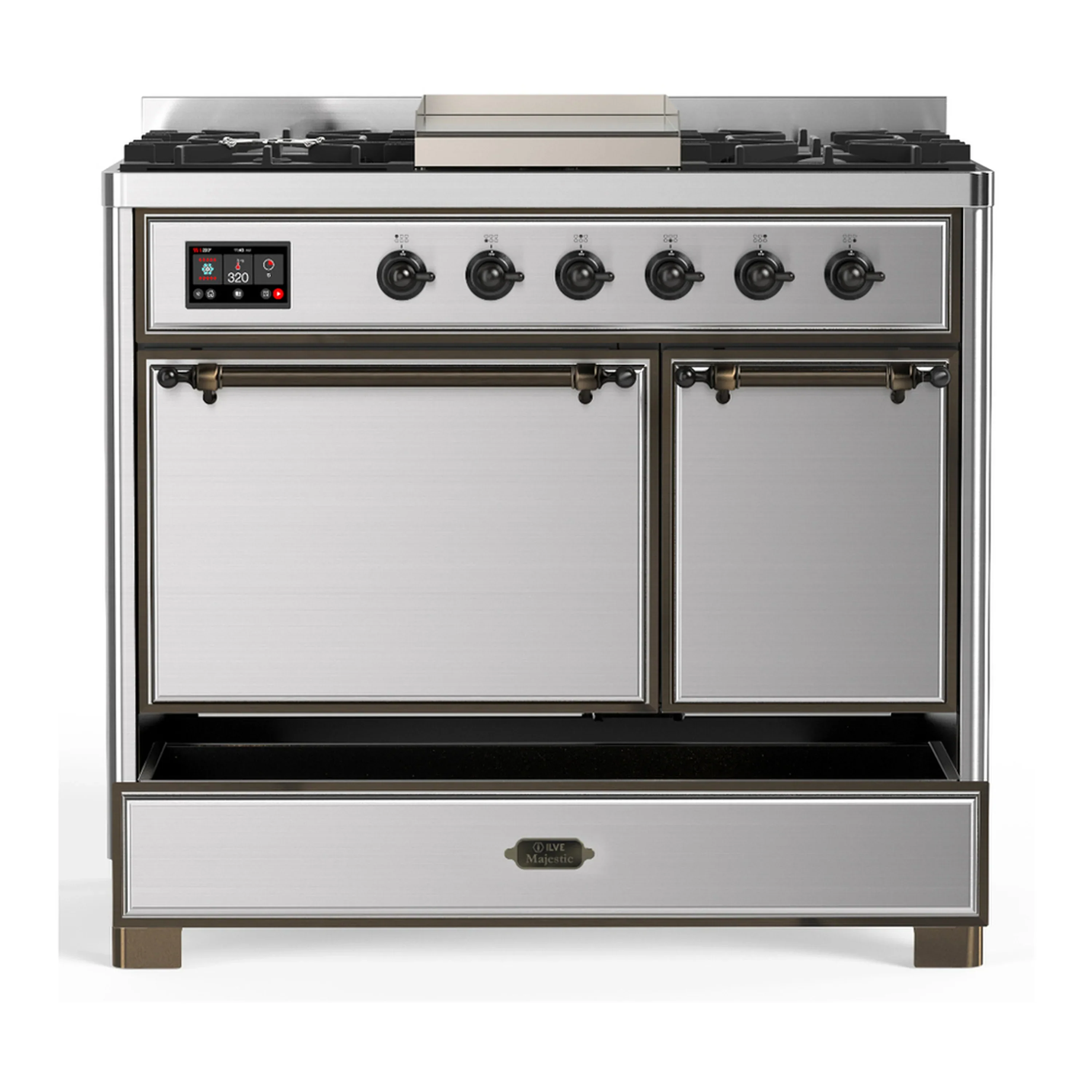 ILVE Majestic III 40-inch Dual Fuel Range with 6 Natural Gas Burner, Griddle and Solid Door Electric Oven in Stainless Steel with Burnished Trim (UMD40FQNR3SSB) - Image 3