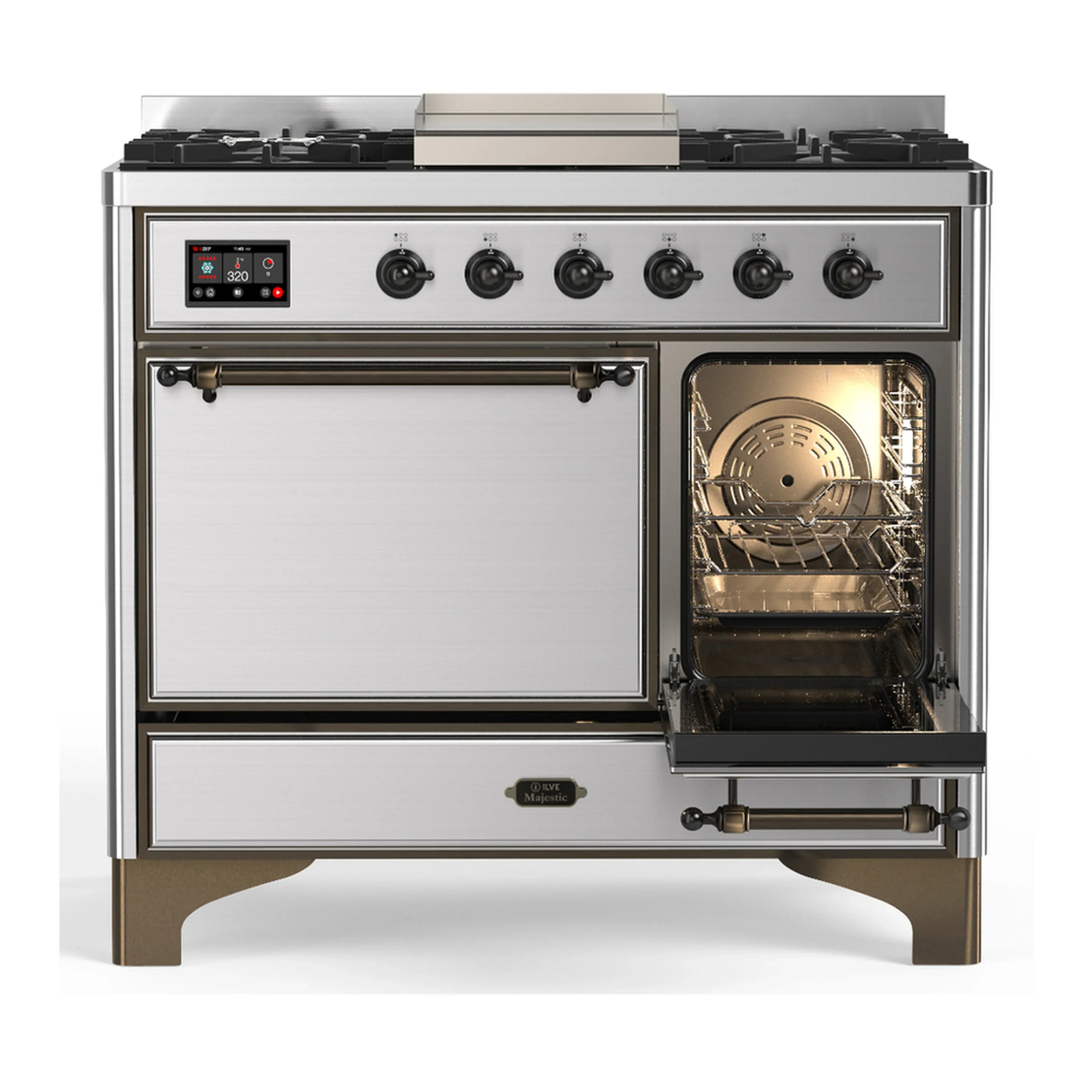 ILVE Majestic III 40-inch Dual Fuel Range with 6 Natural Gas Burner, Griddle and Solid Door Electric Oven in Stainless Steel with Burnished Trim (UMD40FQNR3SSB) - Image 4