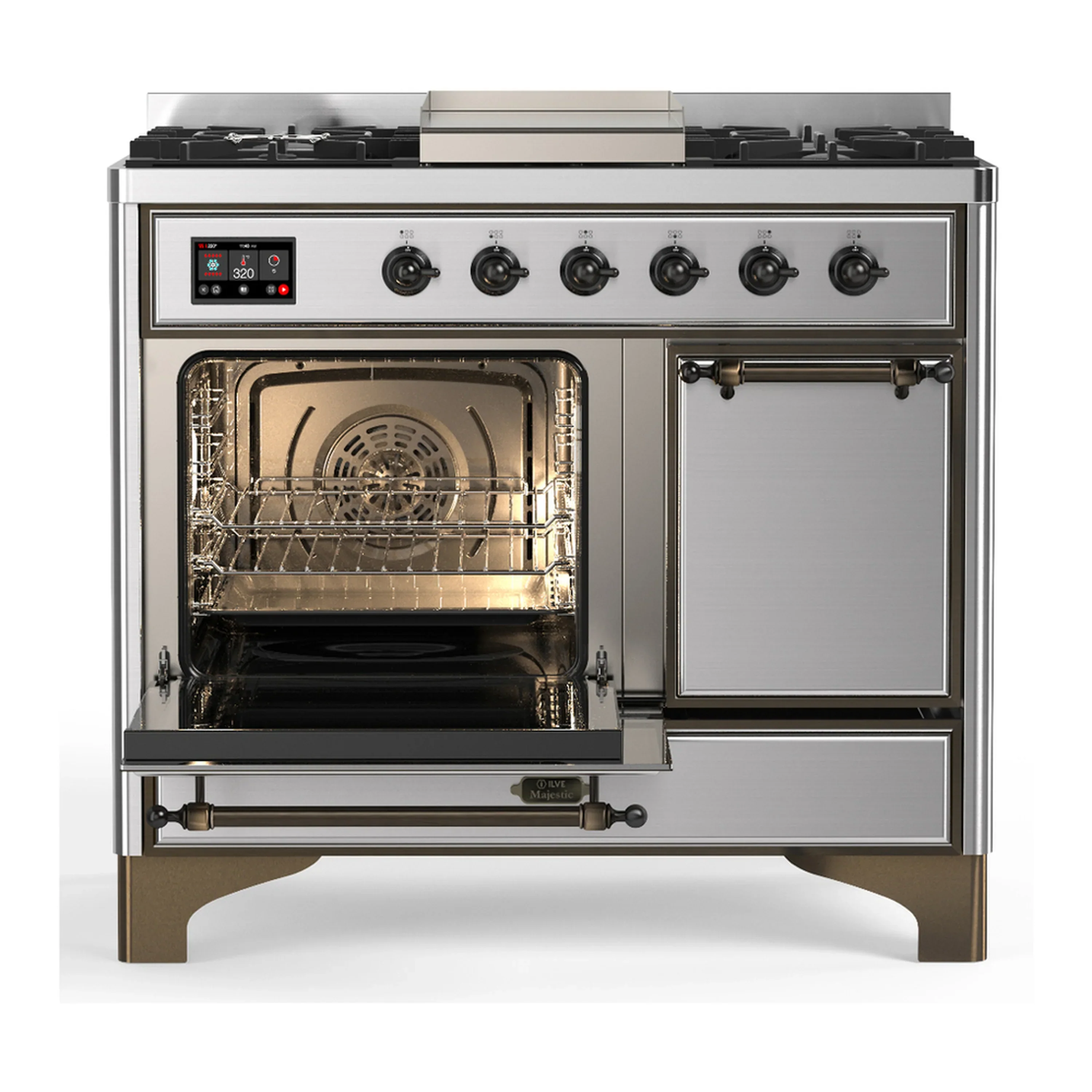 ILVE Majestic III 40-inch Dual Fuel Range with 6 Natural Gas Burner, Griddle and Solid Door Electric Oven in Stainless Steel with Burnished Trim (UMD40FQNR3SSB) - Image 5