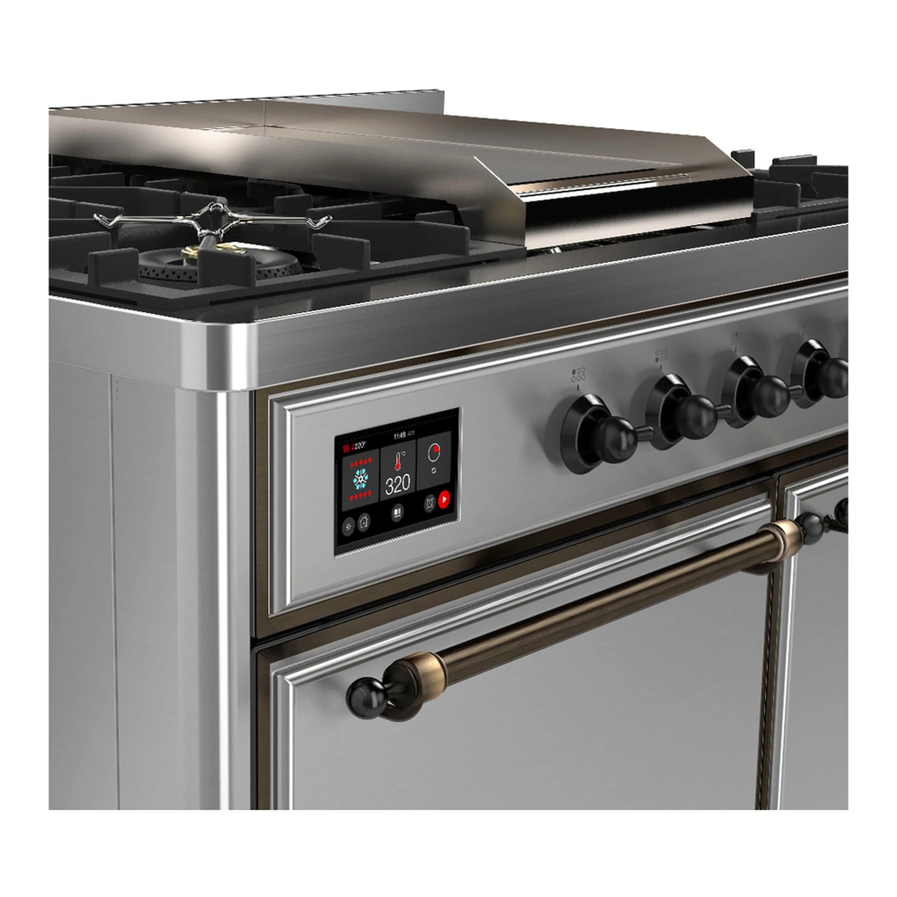ILVE Majestic III 40-inch Dual Fuel Range with 6 Natural Gas Burner, Griddle and Solid Door Electric Oven in Stainless Steel with Burnished Trim (UMD40FQNR3SSB) - Image 7