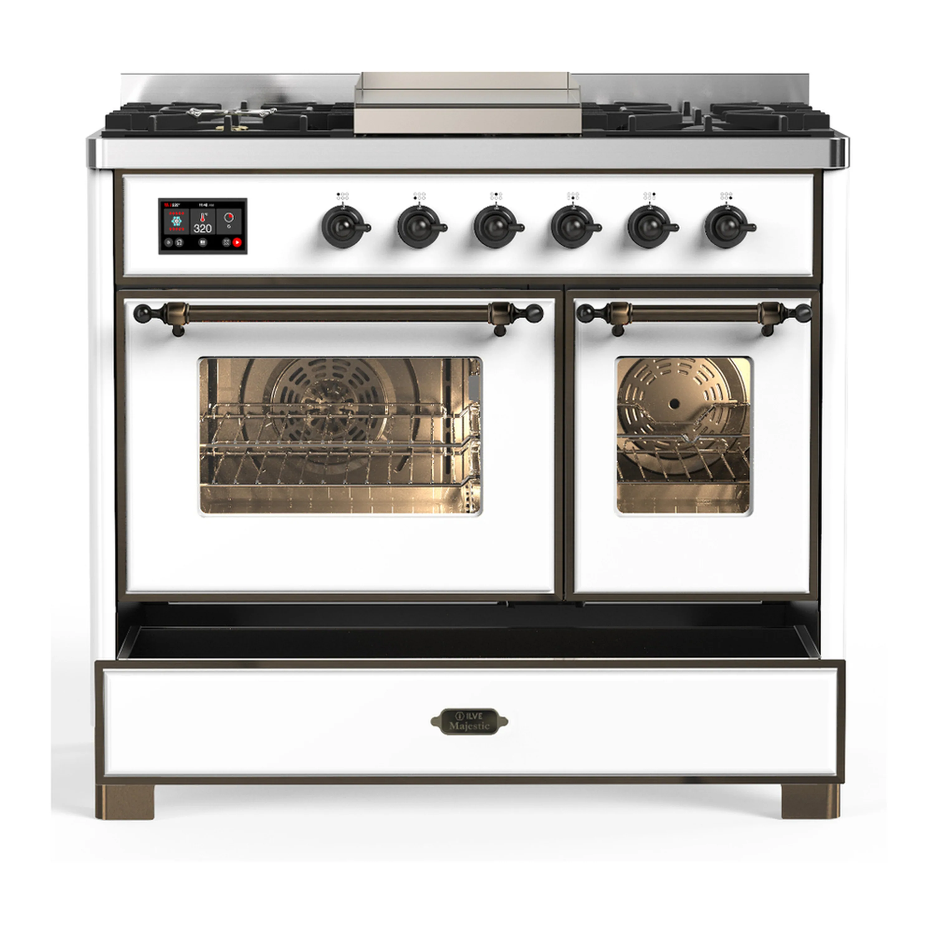 ILVE Majestic III 40-inch Dual Fuel Range with 6 Natural Gas Burner, Griddle and Triple Glass Door Electric Oven in White with Burnished Trim (UMD40FNR3WHB) - Image 3