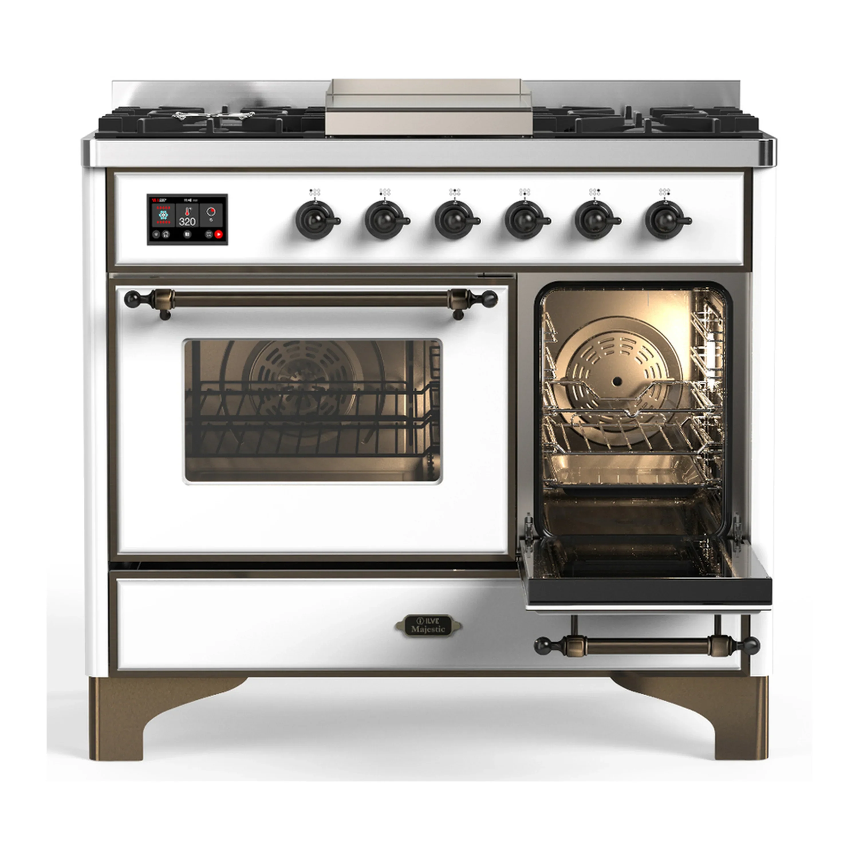 ILVE Majestic III 40-inch Dual Fuel Range with 6 Natural Gas Burner, Griddle and Triple Glass Door Electric Oven in White with Burnished Trim (UMD40FNR3WHB) - Image 4
