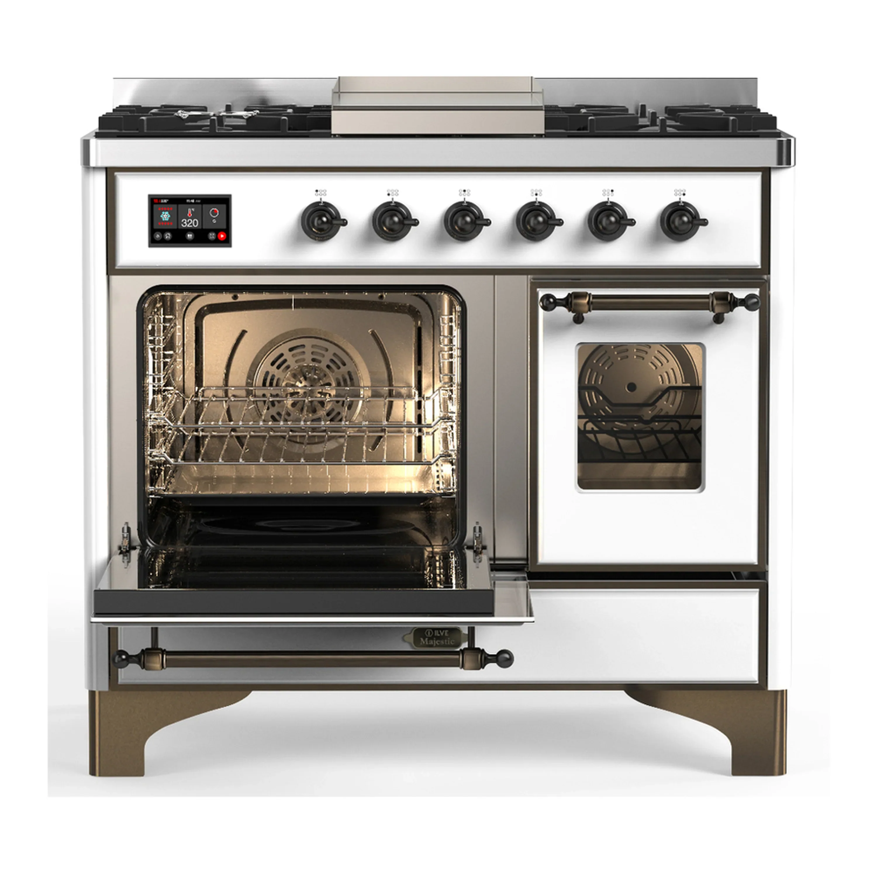 ILVE Majestic III 40-inch Dual Fuel Range with 6 Natural Gas Burner, Griddle and Triple Glass Door Electric Oven in White with Burnished Trim (UMD40FNR3WHB) - Image 5