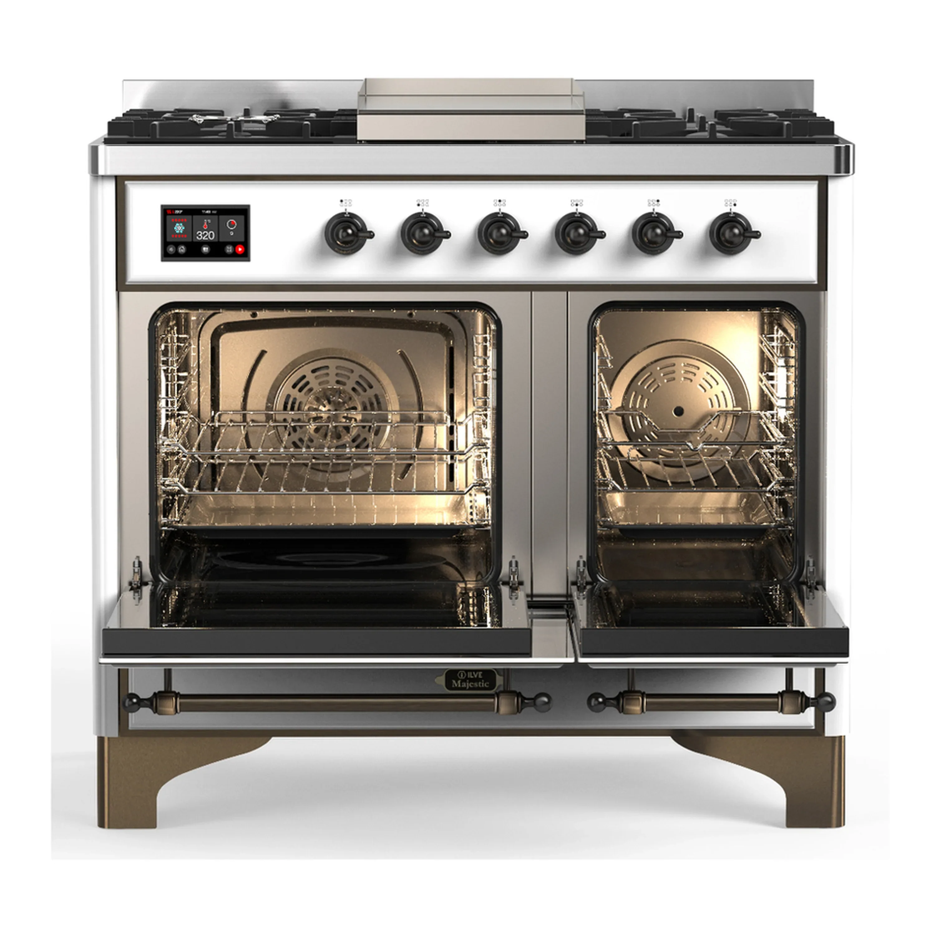 ILVE Majestic III 40-inch Dual Fuel Range with 6 Natural Gas Burner, Griddle and Triple Glass Door Electric Oven in White with Burnished Trim (UMD40FNR3WHB) - Image 6