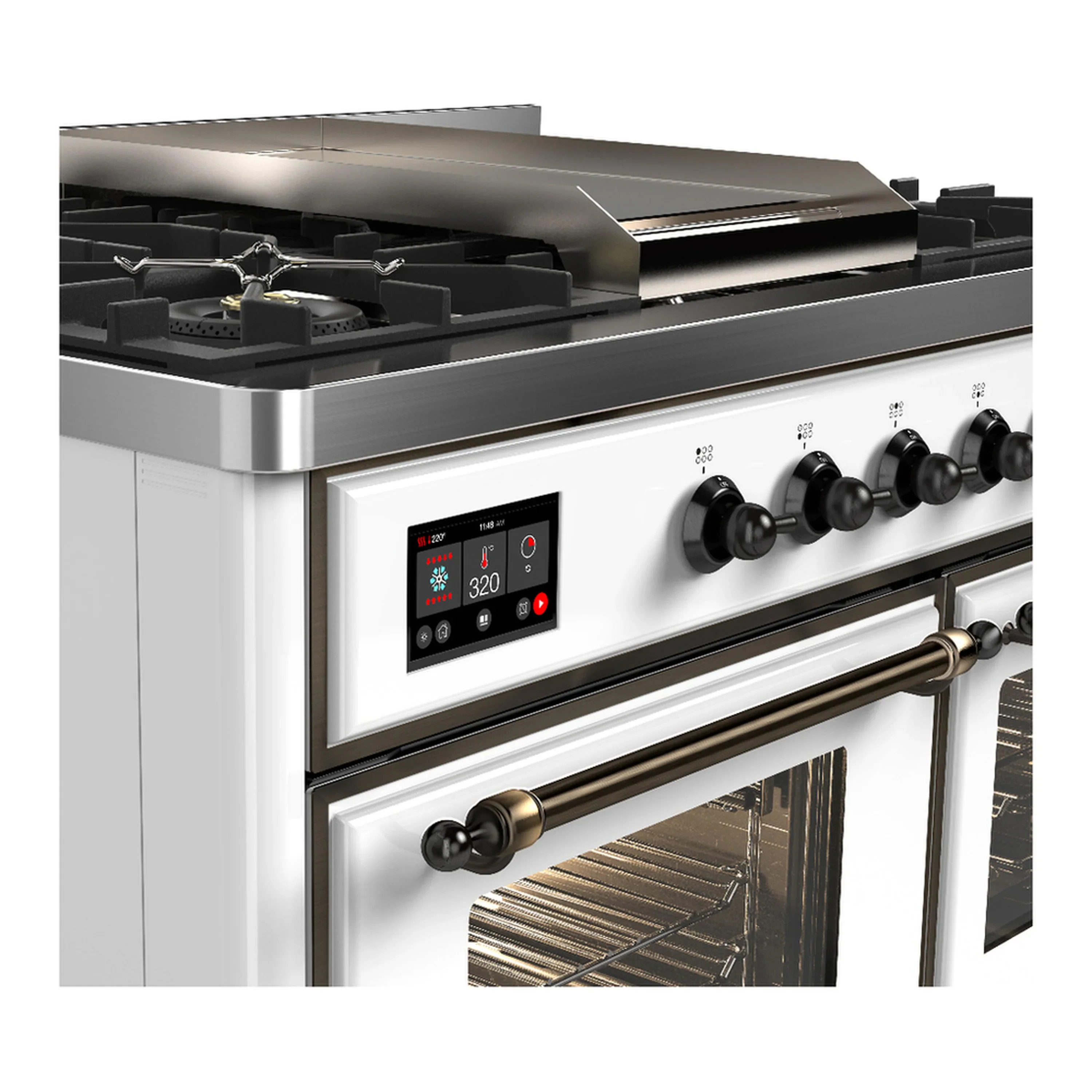 ILVE Majestic III 40-inch Dual Fuel Range with 6 Natural Gas Burner, Griddle and Triple Glass Door Electric Oven in White with Burnished Trim (UMD40FNR3WHB) - Image 7