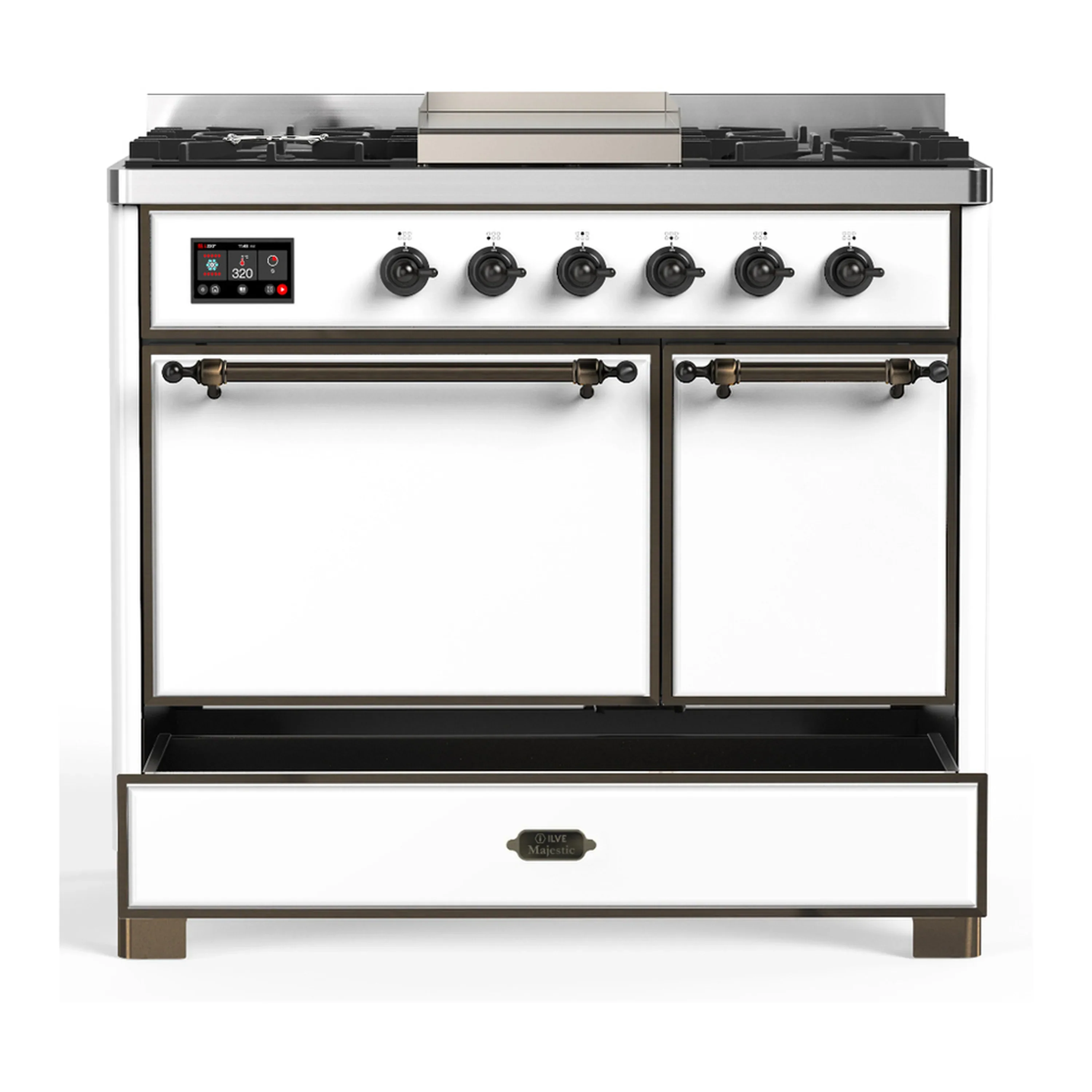 ILVE Majestic III 40-inch Dual Fuel Range with 5 Liquid Propane Burner, Griddle and Solid Door Electric Oven in White with Burnished Trim (UMD40FQNR3WHBLP) - Image 3