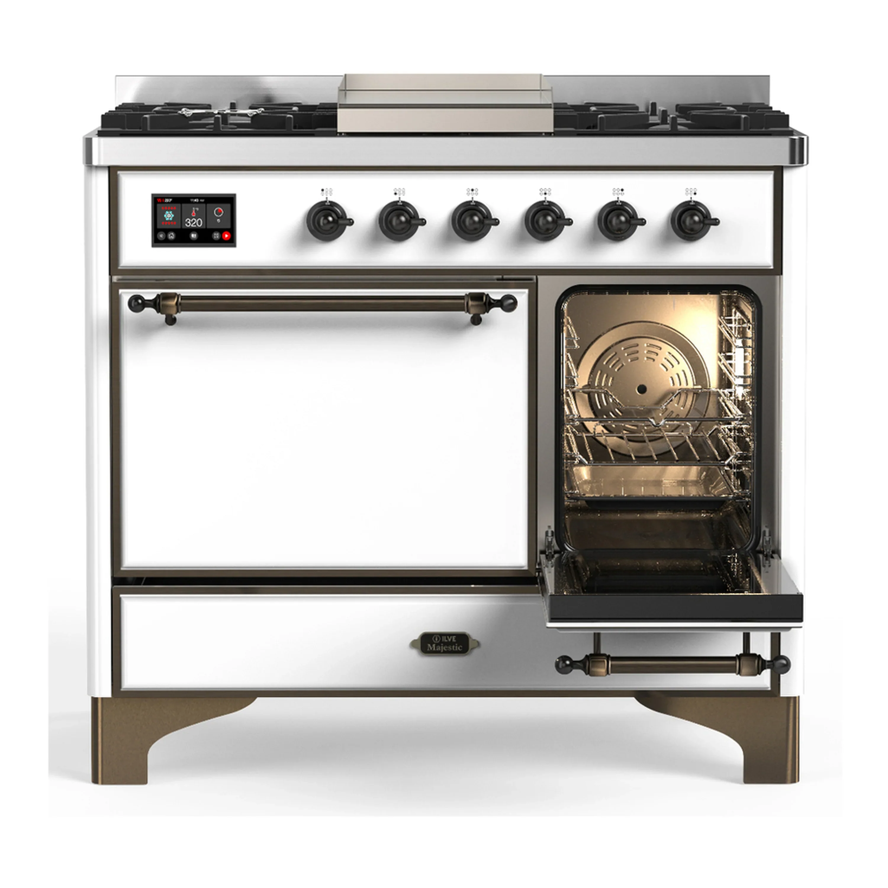 ILVE Majestic III 40-inch Dual Fuel Range with 5 Liquid Propane Burner, Griddle and Solid Door Electric Oven in White with Burnished Trim (UMD40FQNR3WHBLP) - Image 4