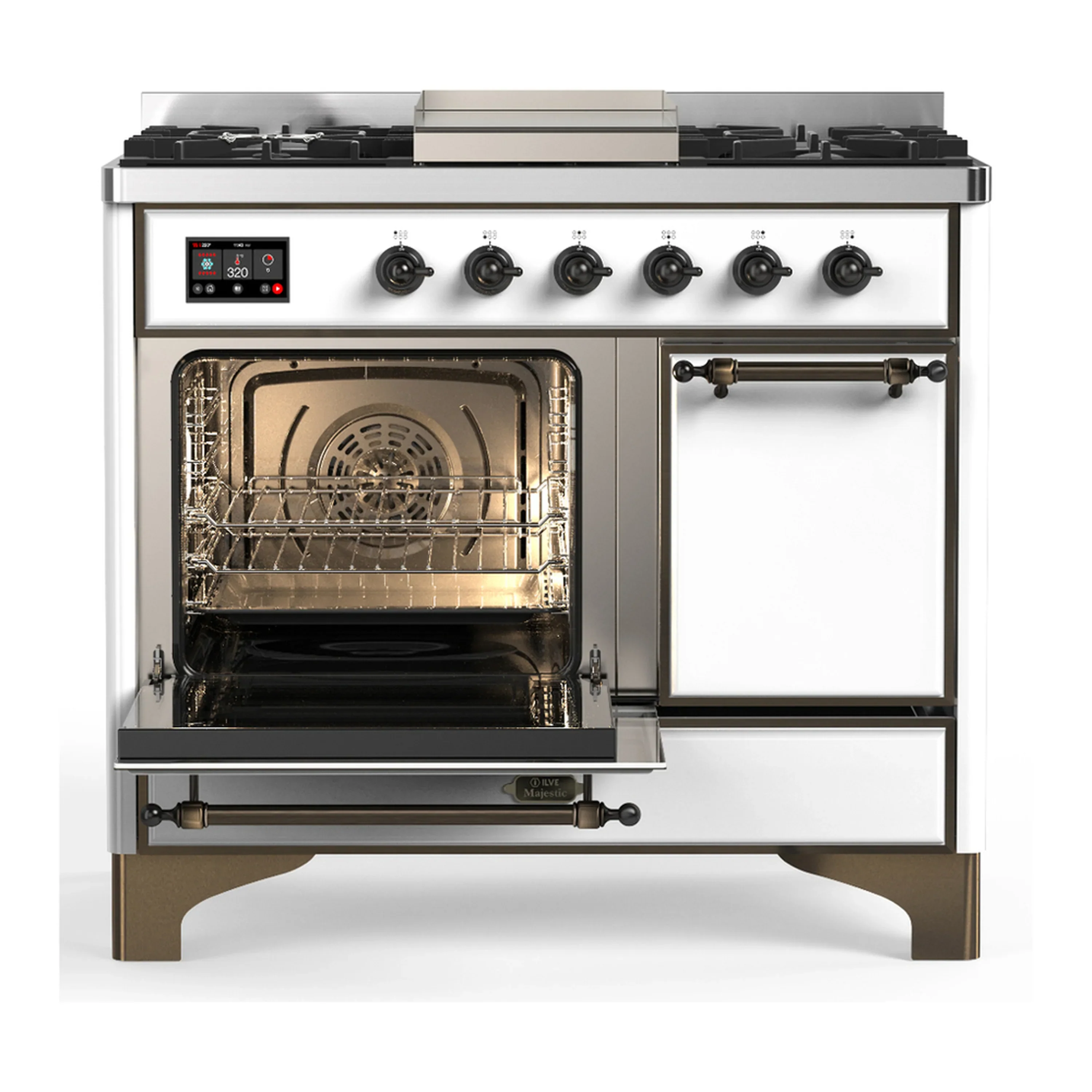 ILVE Majestic III 40-inch Dual Fuel Range with 5 Liquid Propane Burner, Griddle and Solid Door Electric Oven in White with Burnished Trim (UMD40FQNR3WHBLP) - Image 5