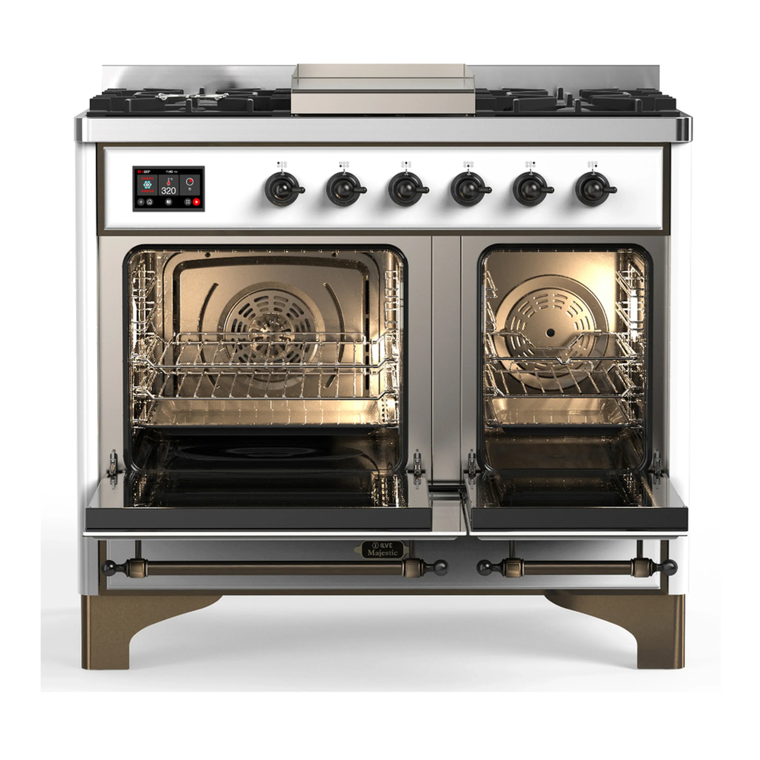 ILVE Majestic III 40-inch Dual Fuel Range with 5 Liquid Propane Burner, Griddle and Solid Door Electric Oven in White with Burnished Trim (UMD40FQNR3WHBLP) - Image 6