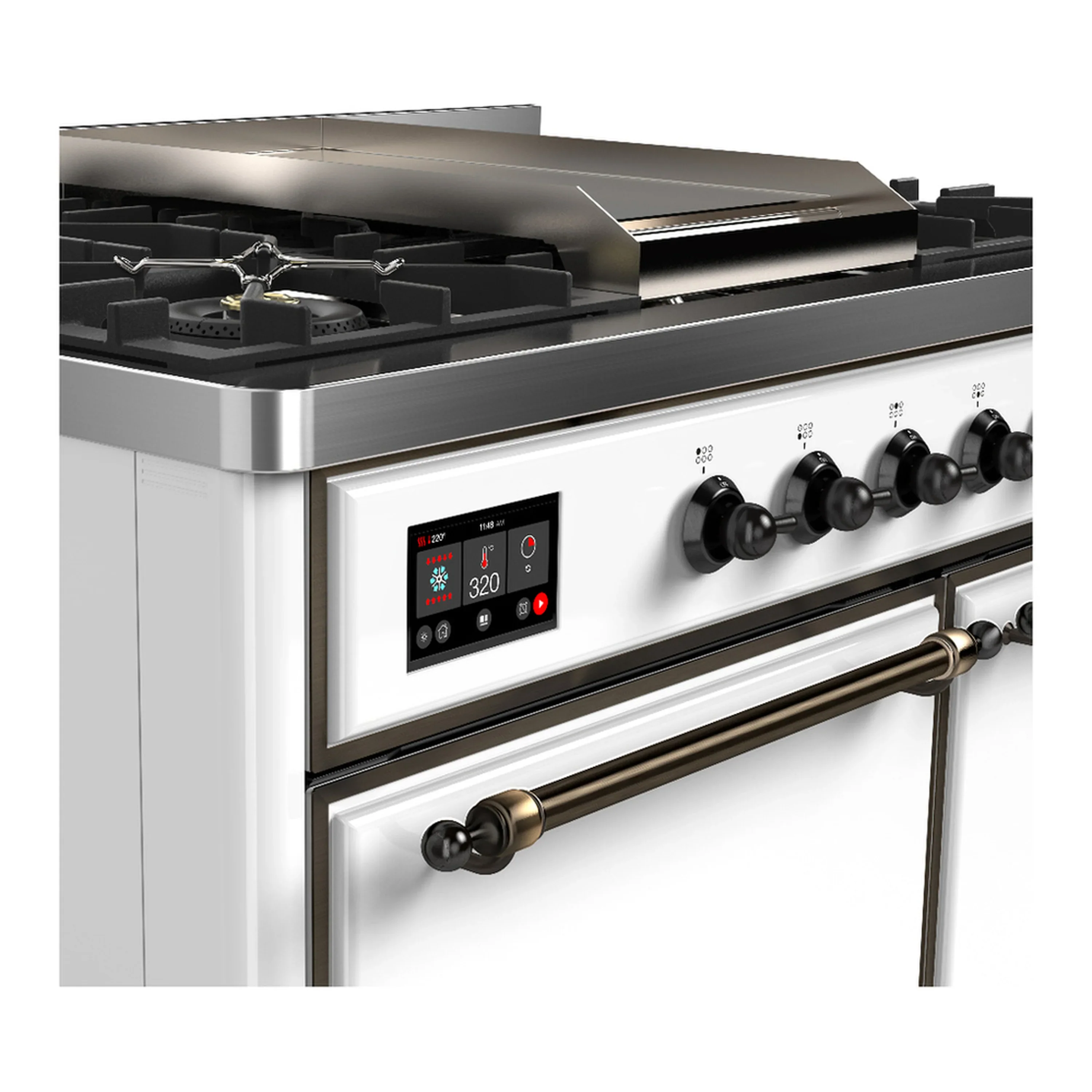 ILVE Majestic III 40-inch Dual Fuel Range with 5 Liquid Propane Burner, Griddle and Solid Door Electric Oven in White with Burnished Trim (UMD40FQNR3WHBLP) - Image 7